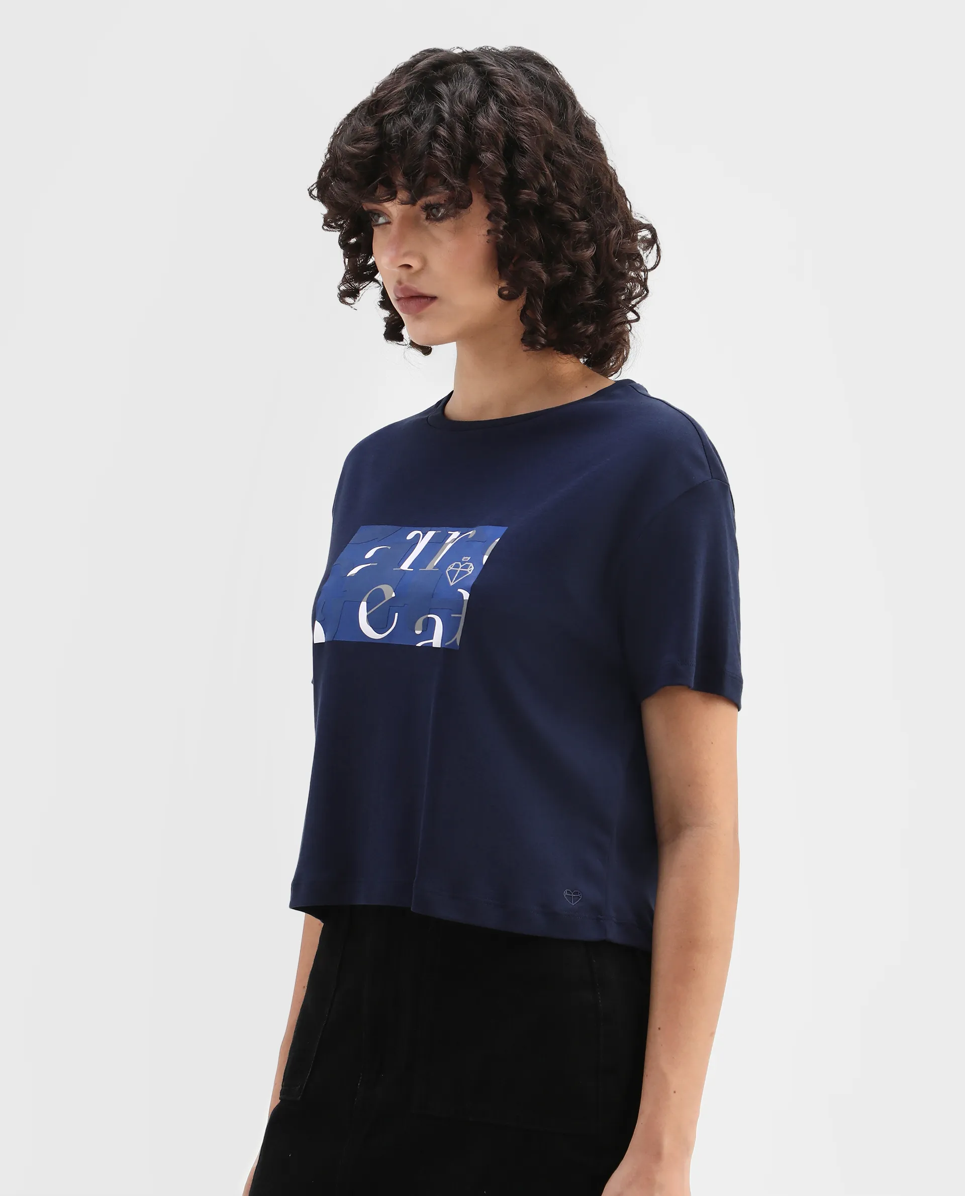 Rareism Women's Iolet Blue Cotton Crew Neck Graphic Print Regular Fit T-Shirt - Image 7