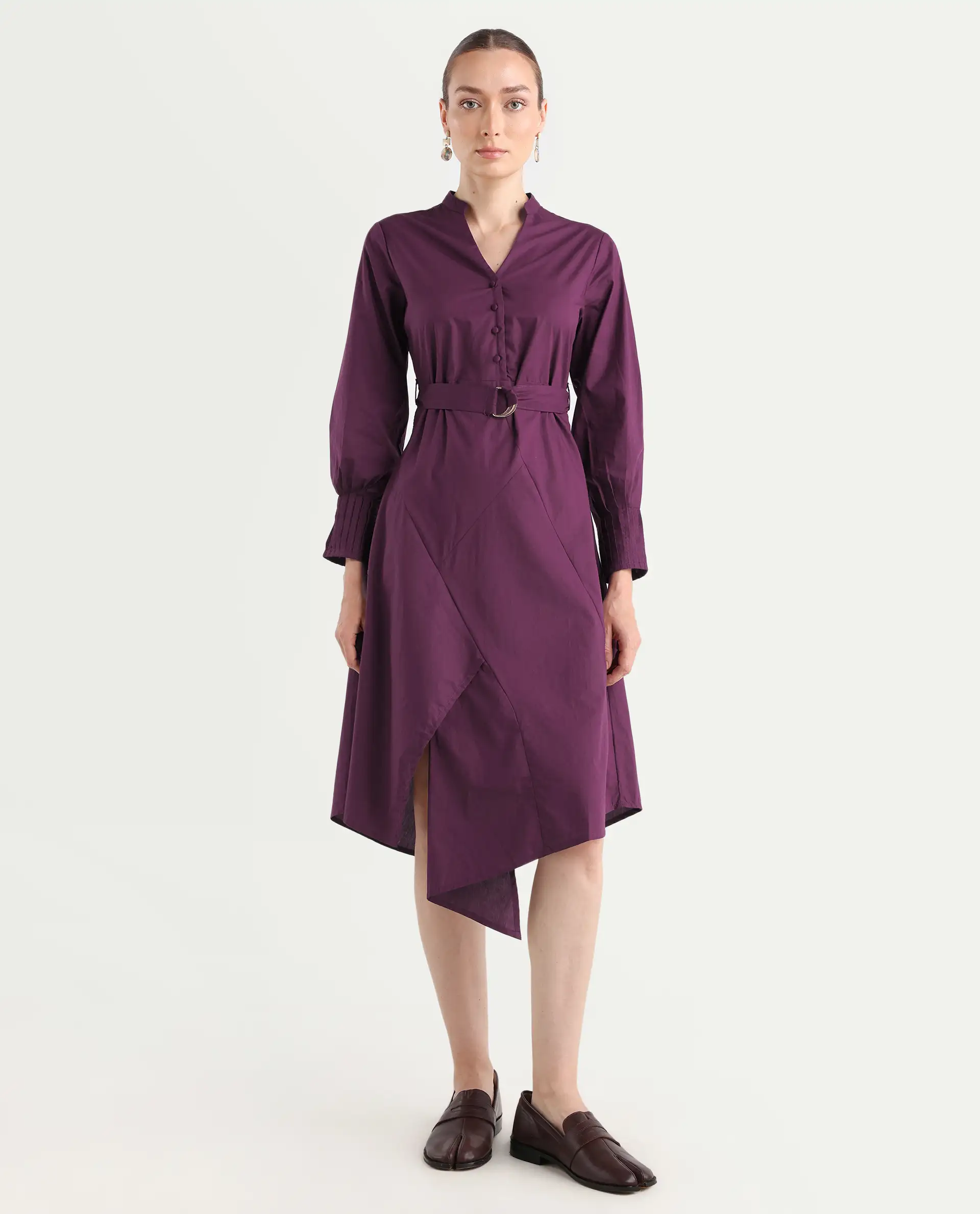 Rareism Women's Iona Purple Cotton Mandarin Collar Plain Cuffed Sleeve Midi Fit And Flare Dress - Image 2