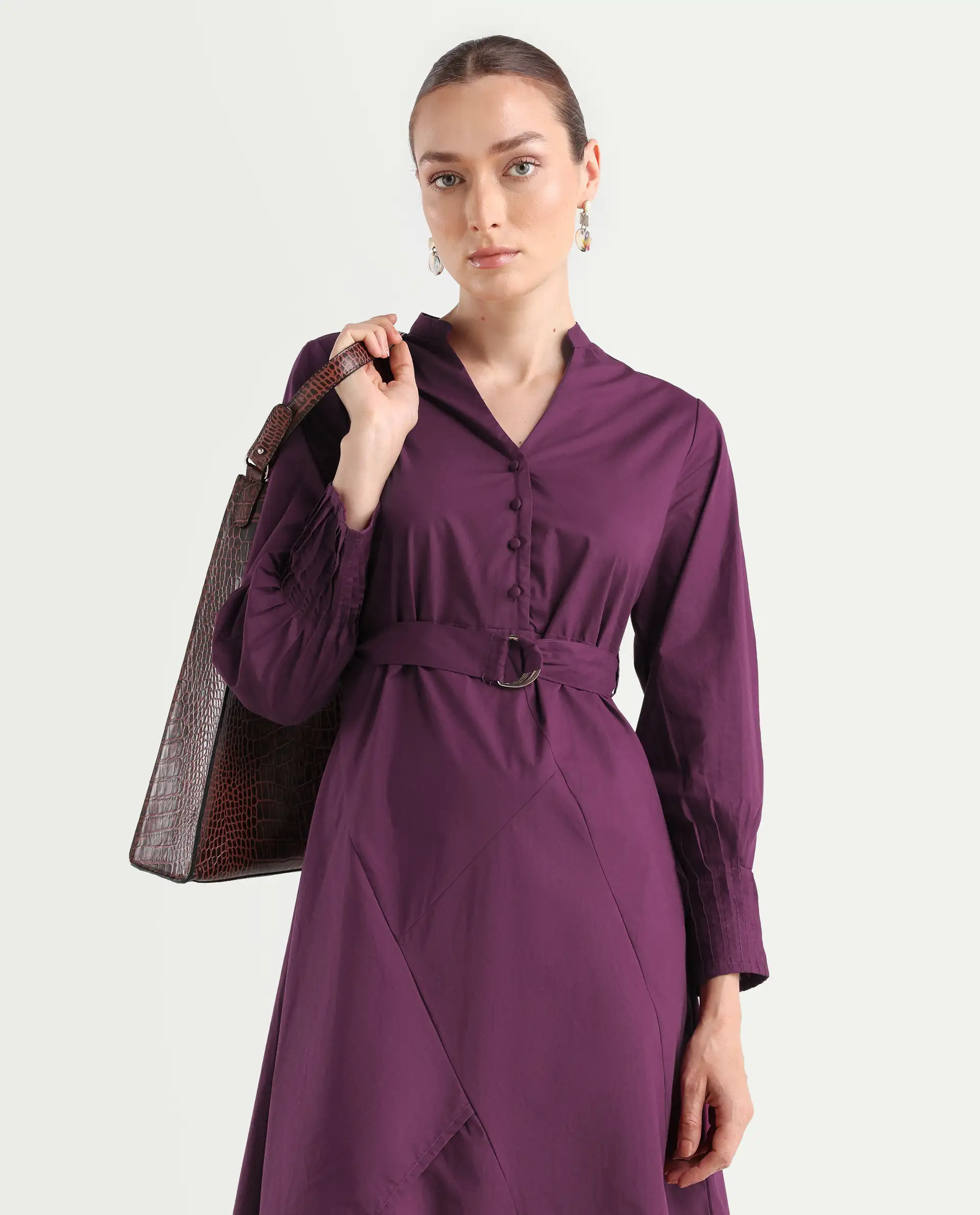 Rareism Women's Iona Purple Cotton Mandarin Collar Plain Cuffed Sleeve Midi Fit And Flare Dress - Image 3