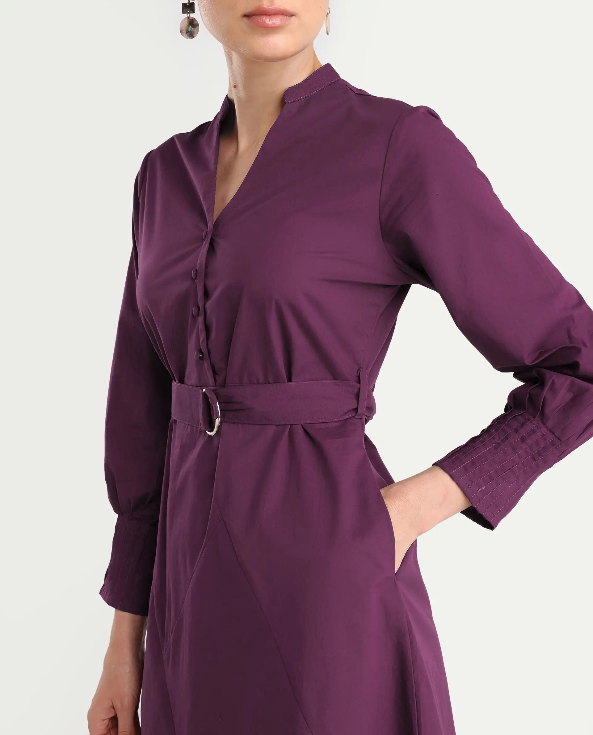 Rareism Women's Iona Purple Cotton Mandarin Collar Plain Cuffed Sleeve Midi Fit And Flare Dress - Image 4