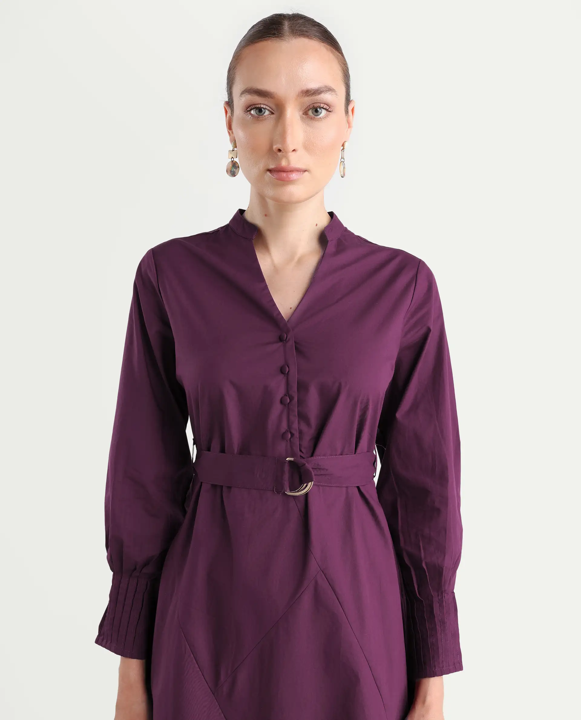 Rareism Women's Iona Purple Cotton Mandarin Collar Plain Cuffed Sleeve Midi Fit And Flare Dress - Image 5