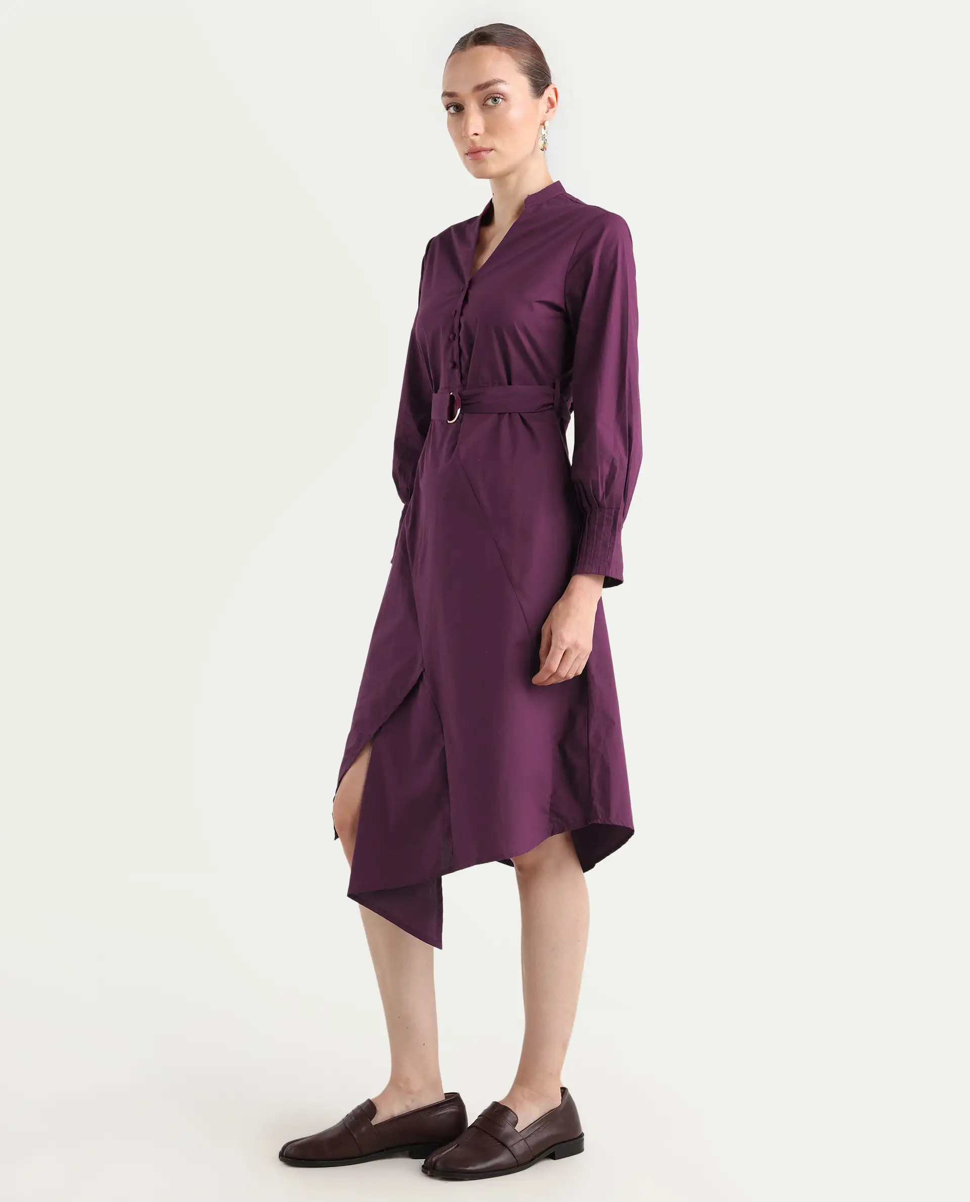 Rareism Women's Iona Purple Cotton Mandarin Collar Plain Cuffed Sleeve Midi Fit And Flare Dress - Image 6