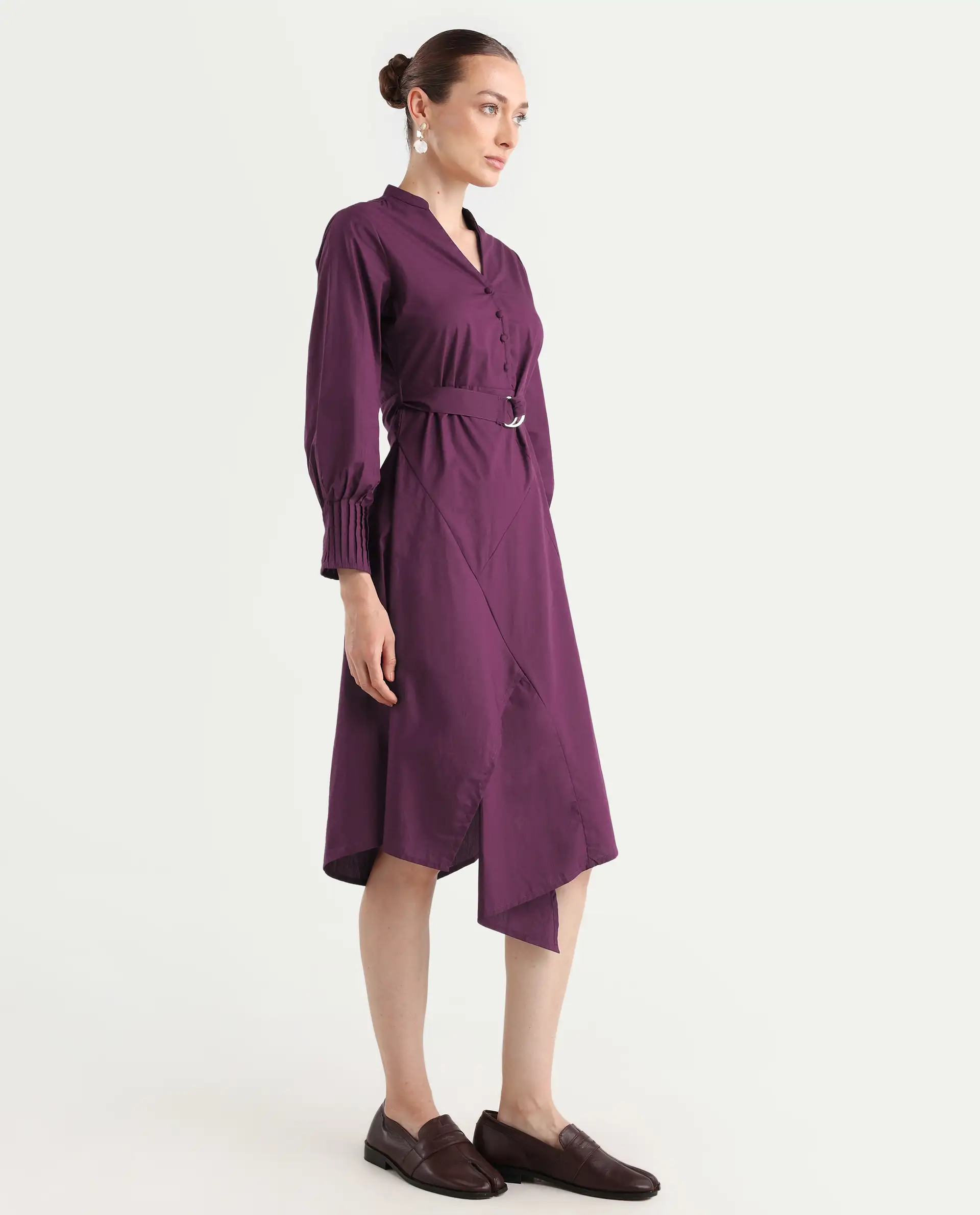 Rareism Women's Iona Purple Cotton Mandarin Collar Plain Cuffed Sleeve Midi Fit And Flare Dress - Image 7
