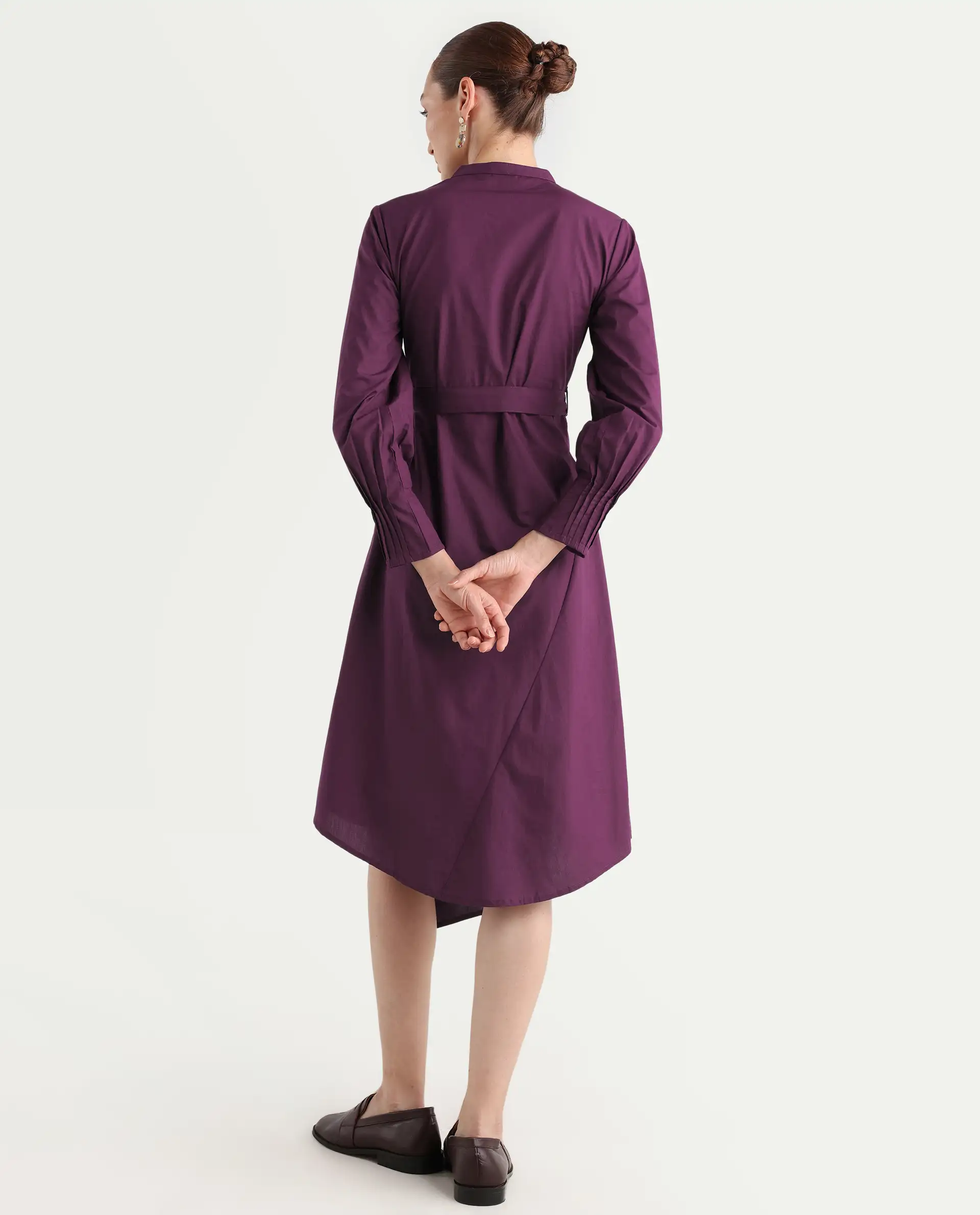 Rareism Women's Iona Purple Cotton Mandarin Collar Plain Cuffed Sleeve Midi Fit And Flare Dress - Image 8