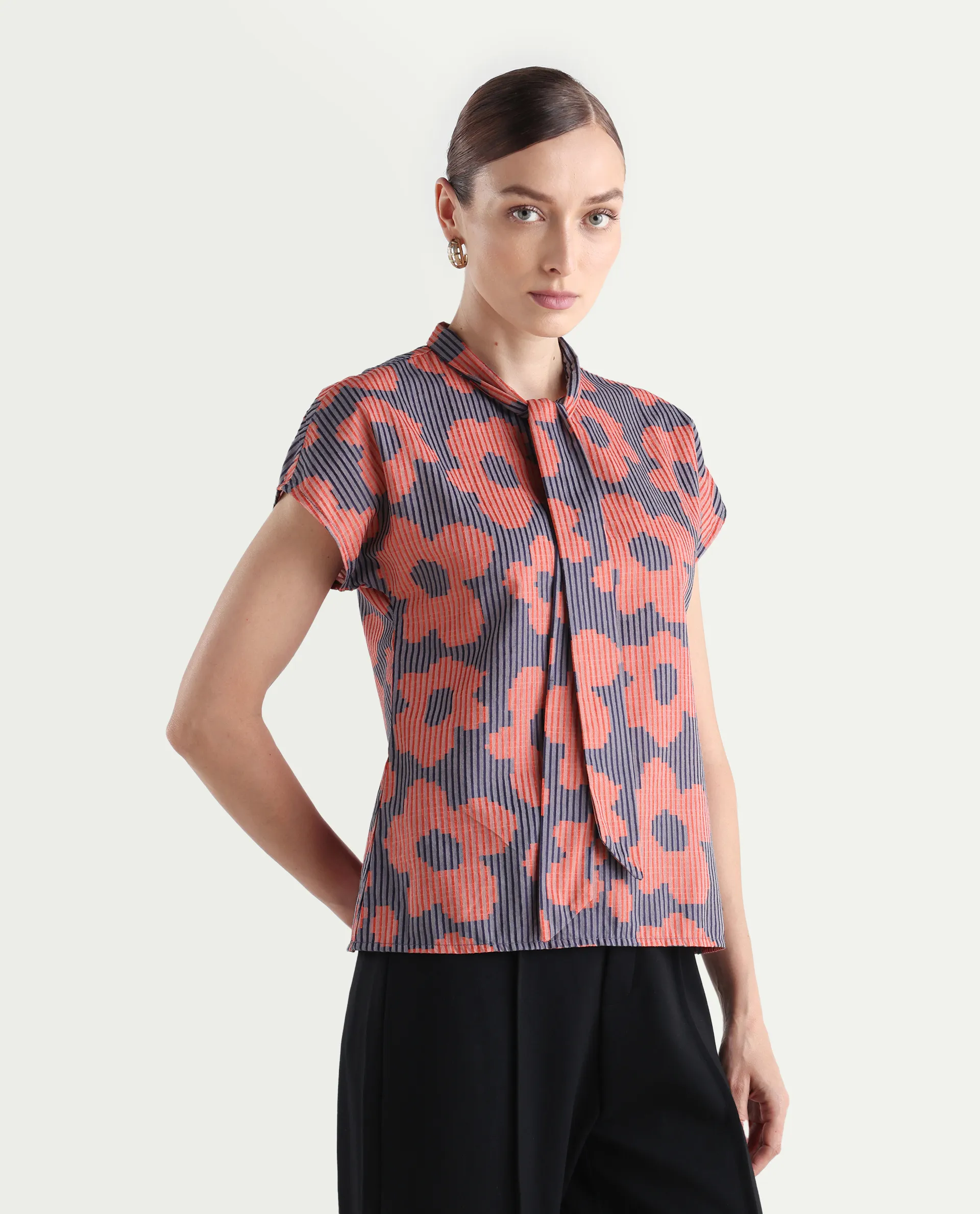 Rareism Women's Ioplom Purple Polyester Blend Tie-Up Neck Flannel Print Extended Sleeves Regular Fit Top - Image 7