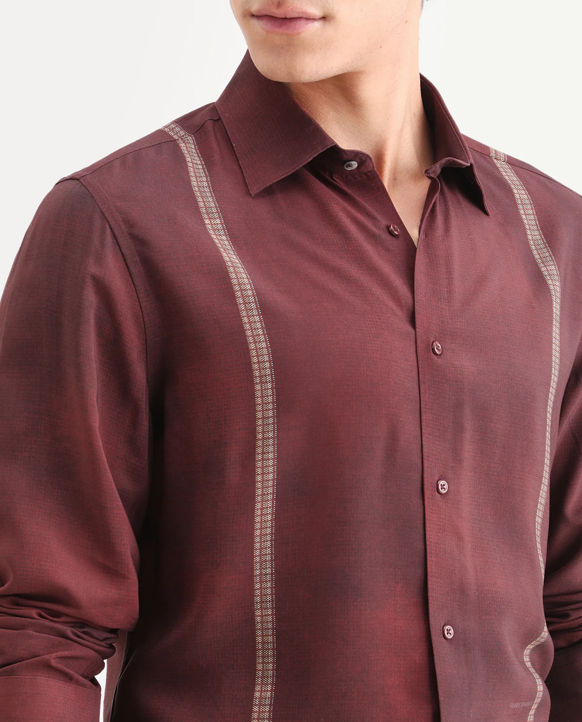 Rare Rabbit Men's Iqra Dusky Red Viscose Fabric Full Sleeve Spread Collar Regular Fit Striped Shirt - Image 3