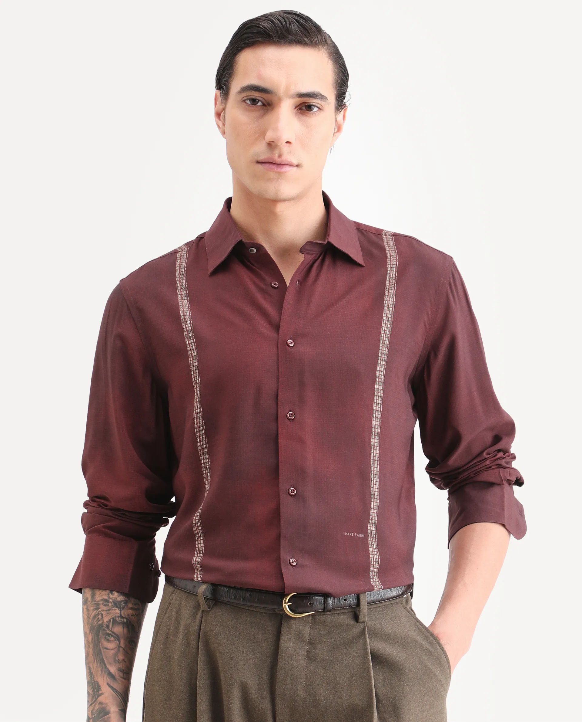 Rare Rabbit Men's Iqra Dusky Red Viscose Fabric Full Sleeve Spread Collar Regular Fit Striped Shirt - Image 4