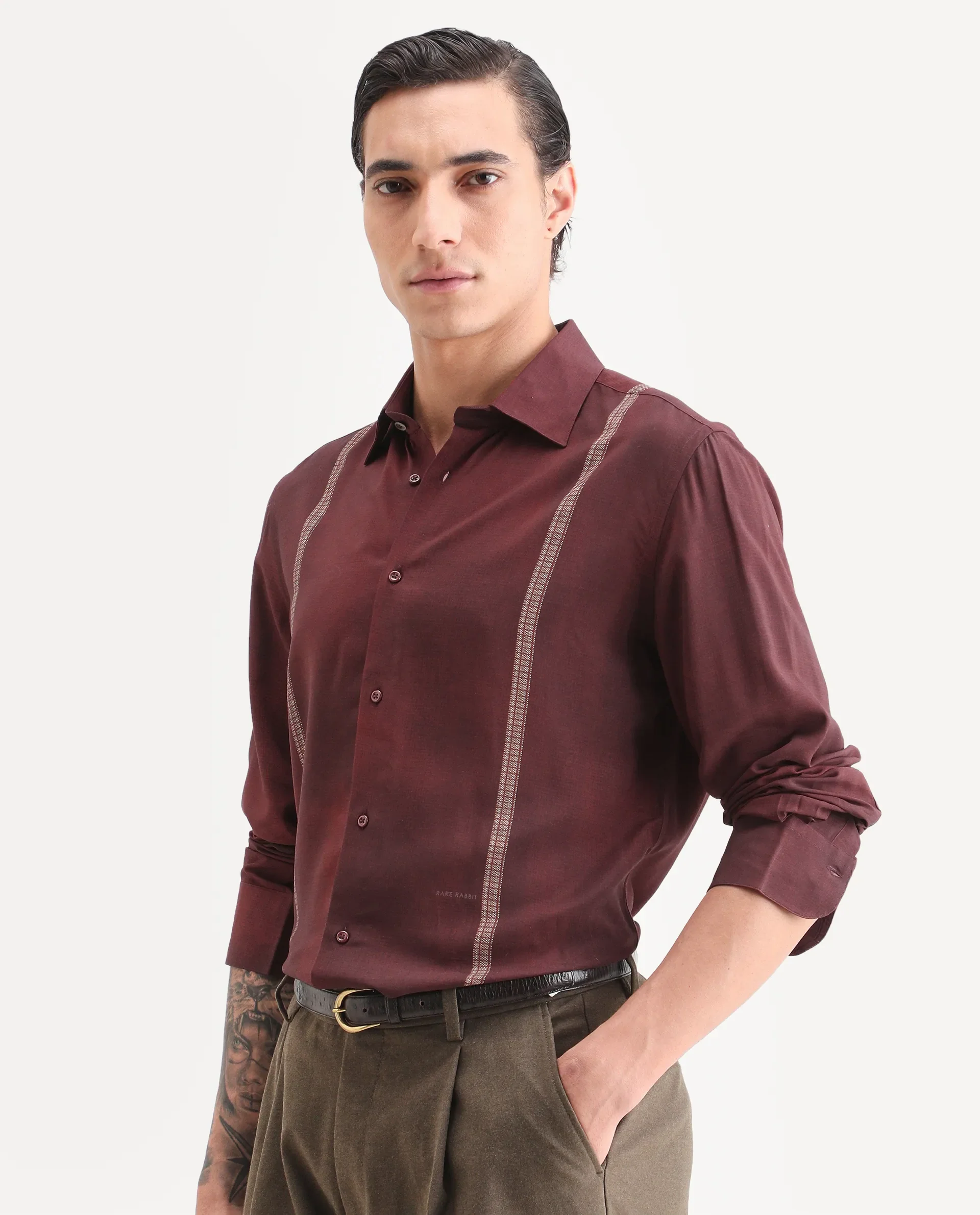 Rare Rabbit Men's Iqra Dusky Red Viscose Fabric Full Sleeve Spread Collar Regular Fit Striped Shirt - Image 5