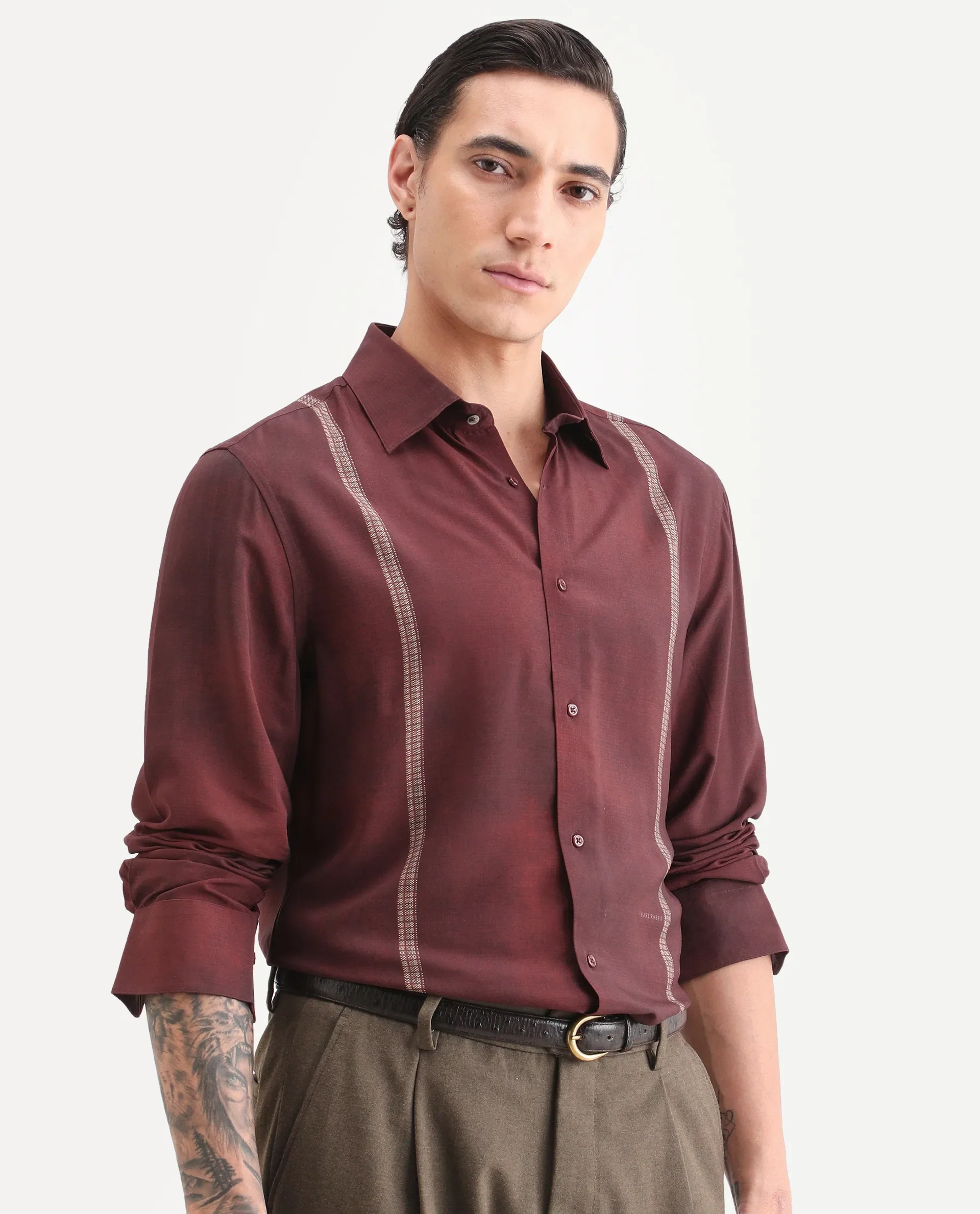 Rare Rabbit Men's Iqra Dusky Red Viscose Fabric Full Sleeve Spread Collar Regular Fit Striped Shirt - Image 6