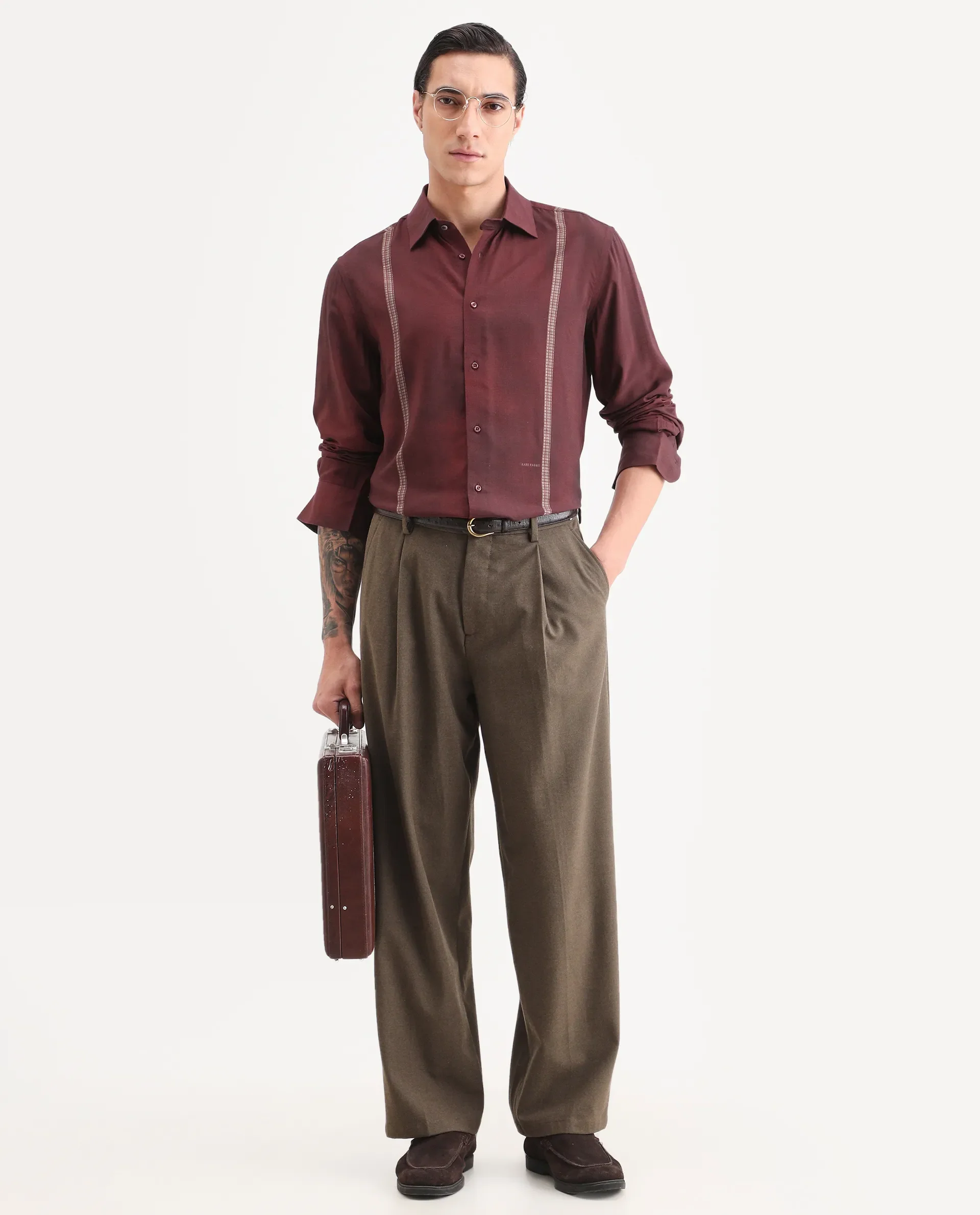 Rare Rabbit Men's Iqra Dusky Red Viscose Fabric Full Sleeve Spread Collar Regular Fit Striped Shirt - Image 7