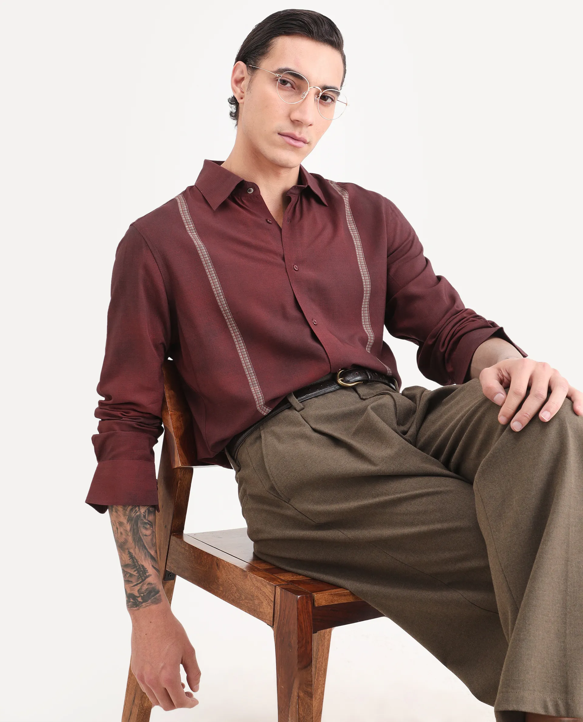 Rare Rabbit Men's Iqra Dusky Red Viscose Fabric Full Sleeve Spread Collar Regular Fit Striped Shirt - Image 8