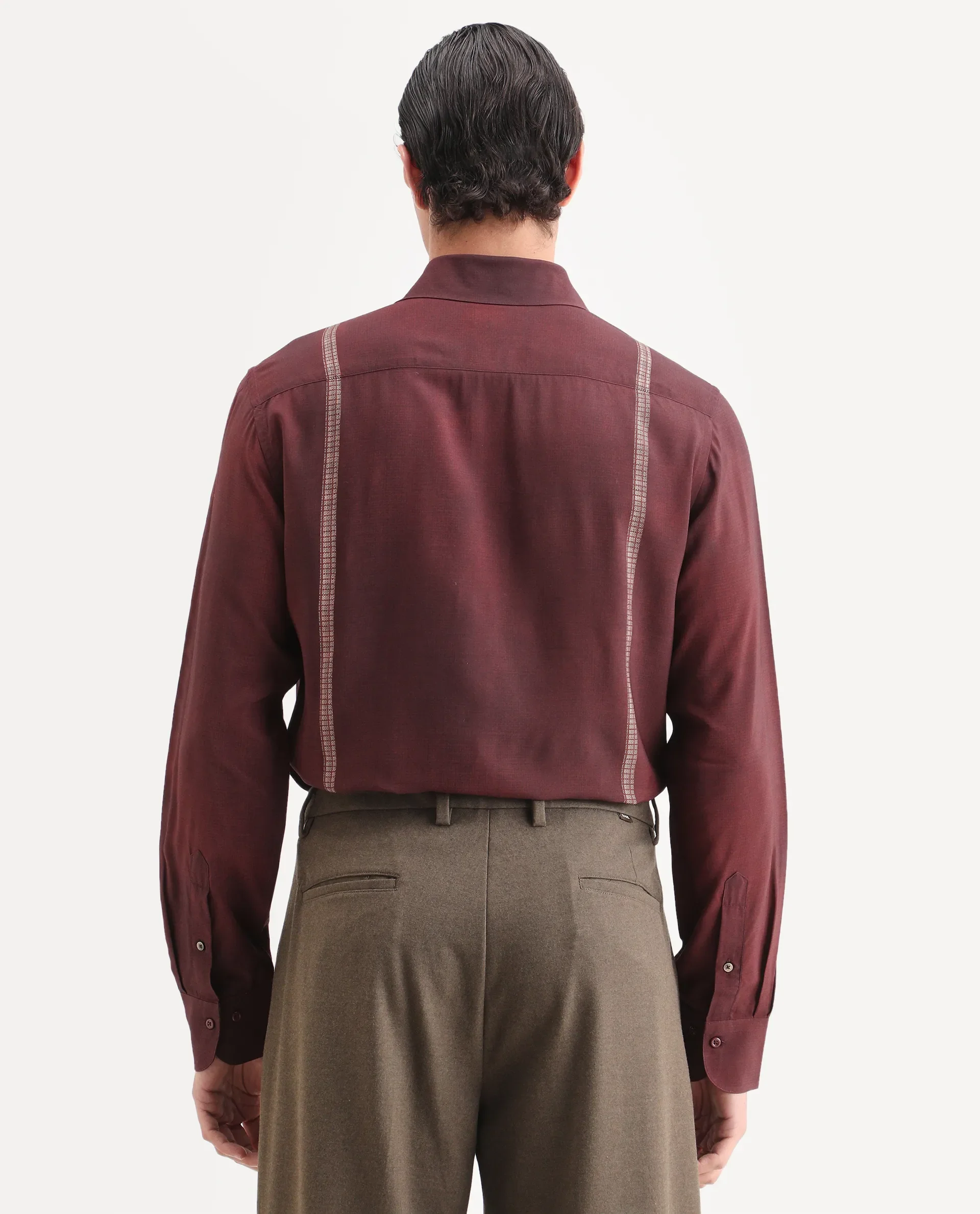 Rare Rabbit Men's Iqra Dusky Red Viscose Fabric Full Sleeve Spread Collar Regular Fit Striped Shirt - Image 9