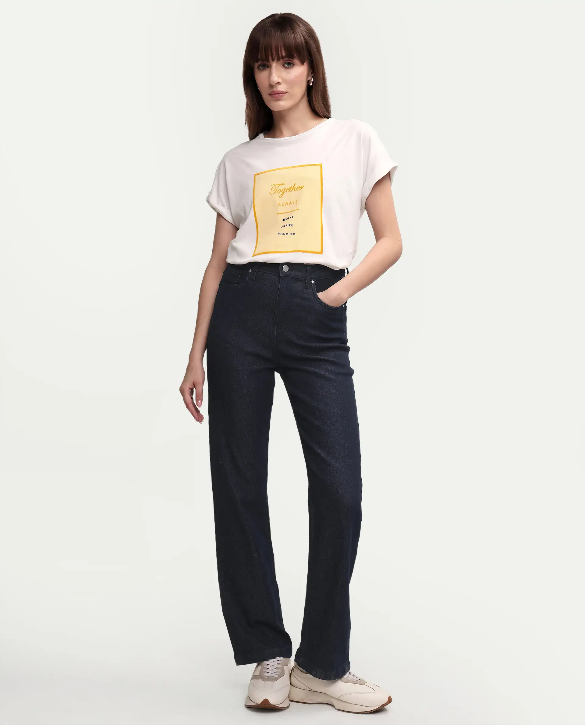 Rareism Women's Ira White Cotton Crew Neck Graphic Print Regular Fit T-Shirt - Image 2