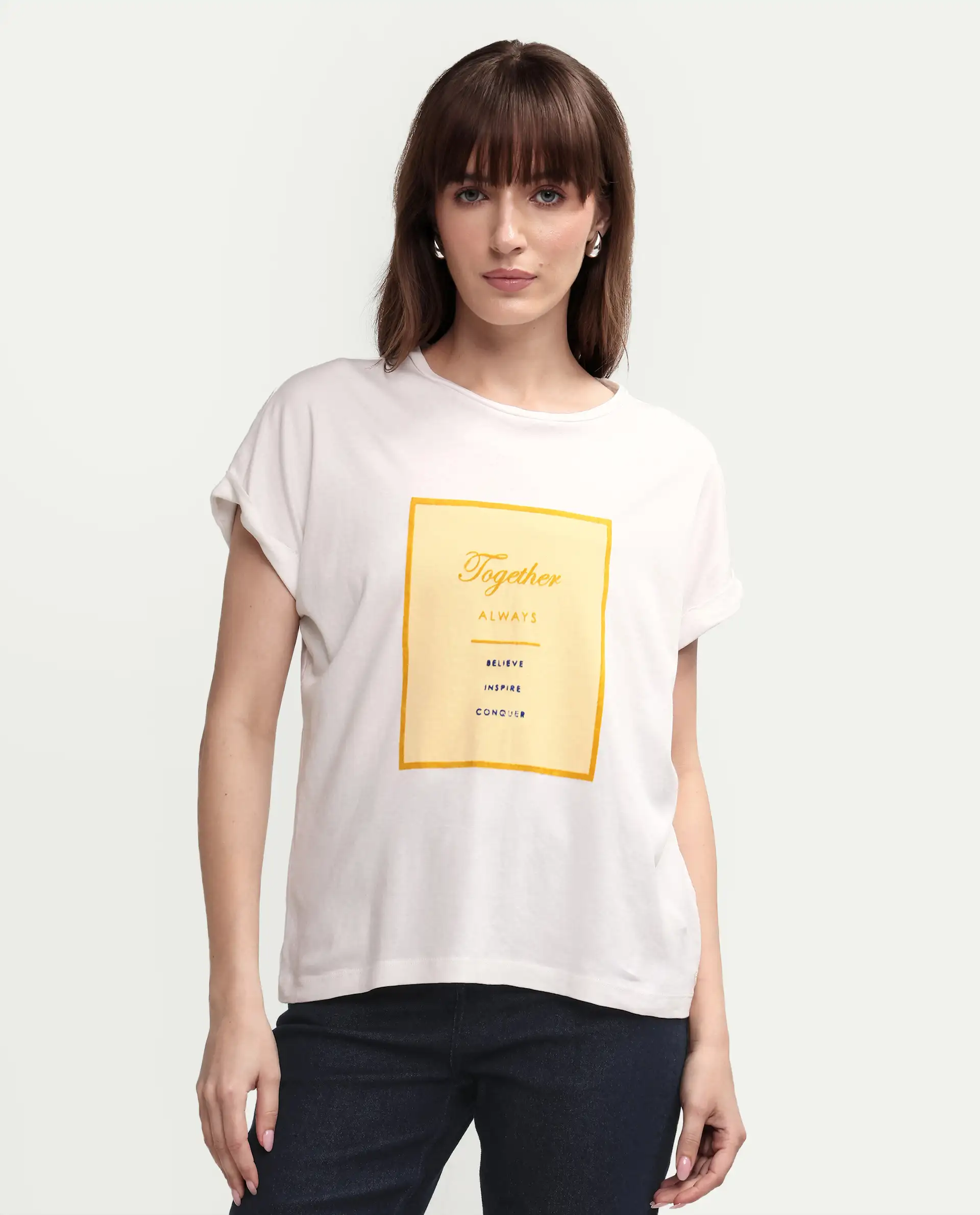 Rareism Women's Ira White Cotton Crew Neck Graphic Print Regular Fit T-Shirt - Image 3