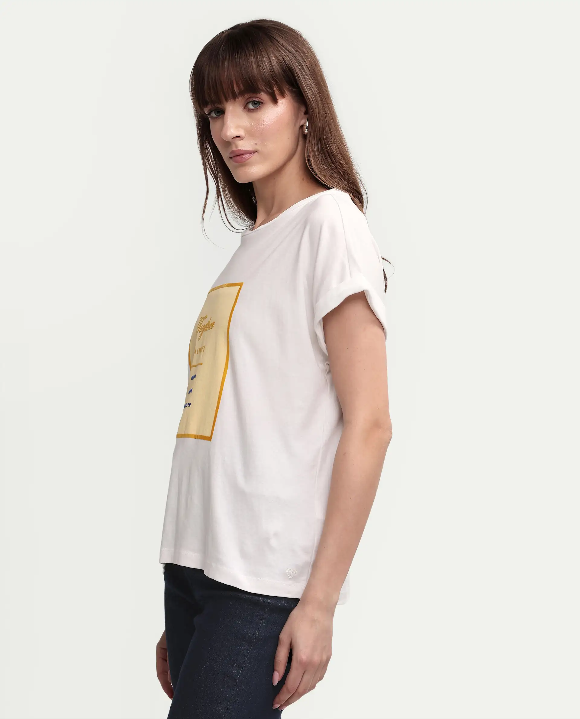 Rareism Women's Ira White Cotton Crew Neck Graphic Print Regular Fit T-Shirt - Image 5