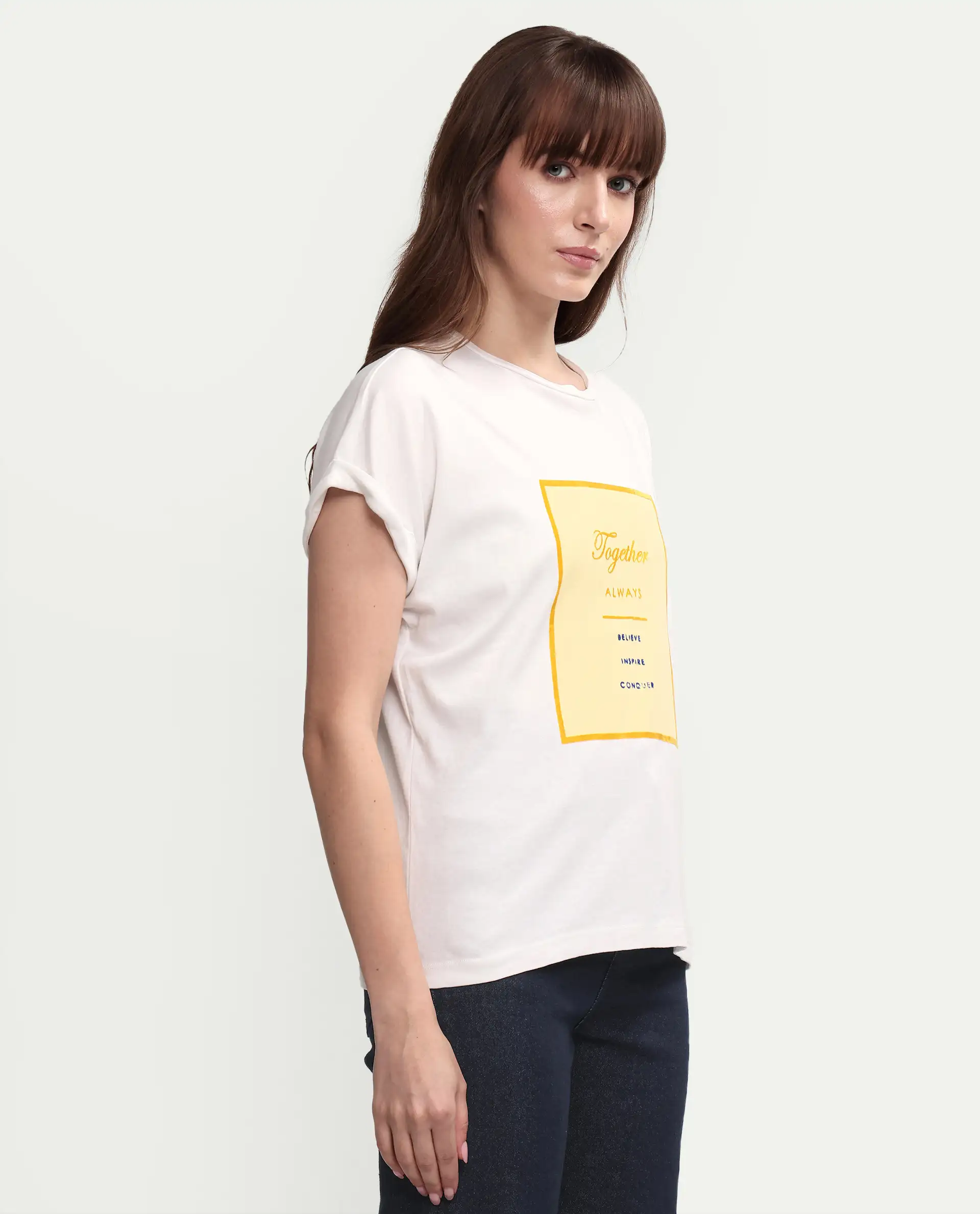 Rareism Women's Ira White Cotton Crew Neck Graphic Print Regular Fit T-Shirt - Image 6