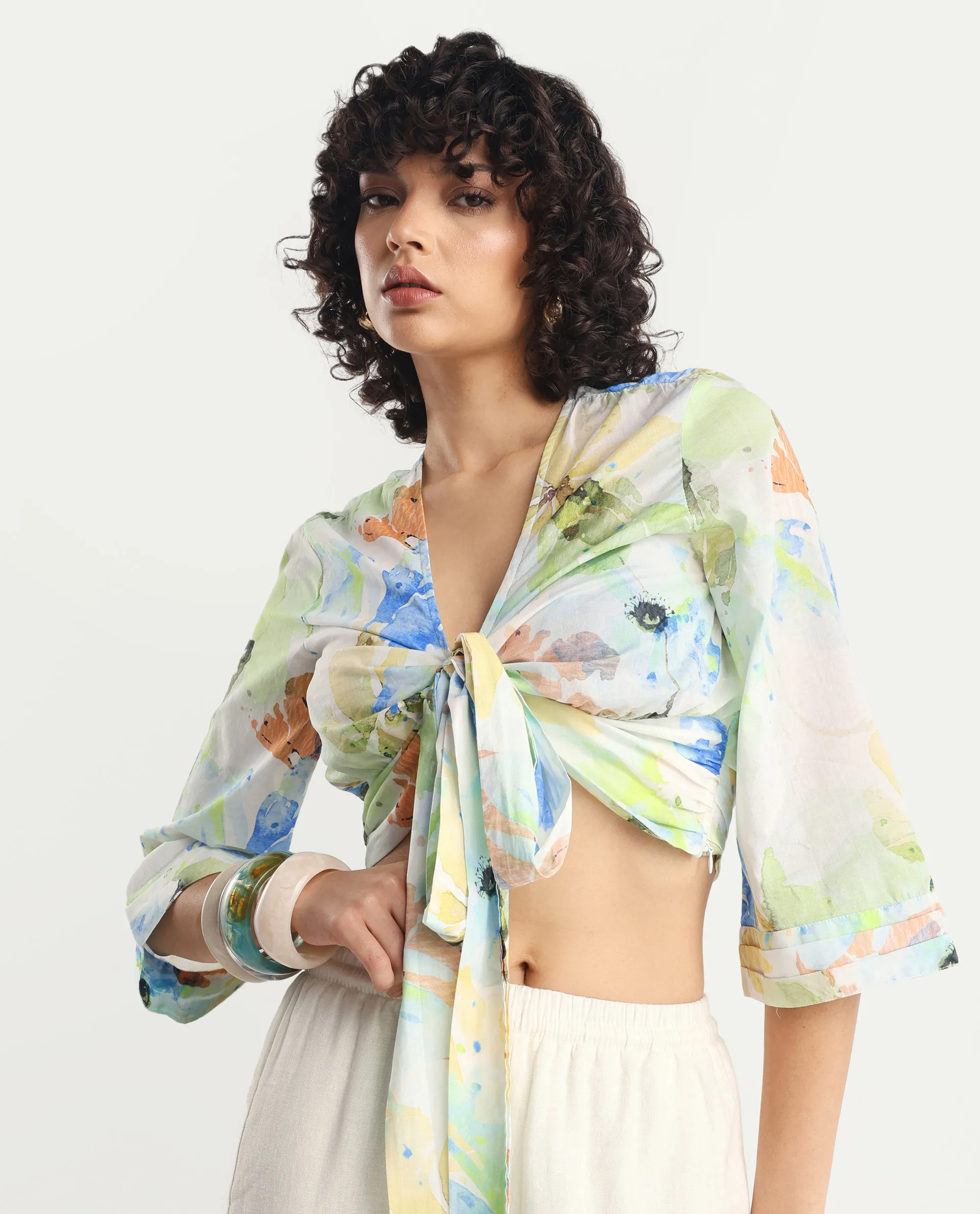 Rareism Women's Ireen Multi Cotton V-Neck Abstract Print Bell Sleeve Crop Regular Fit Top - Image 2