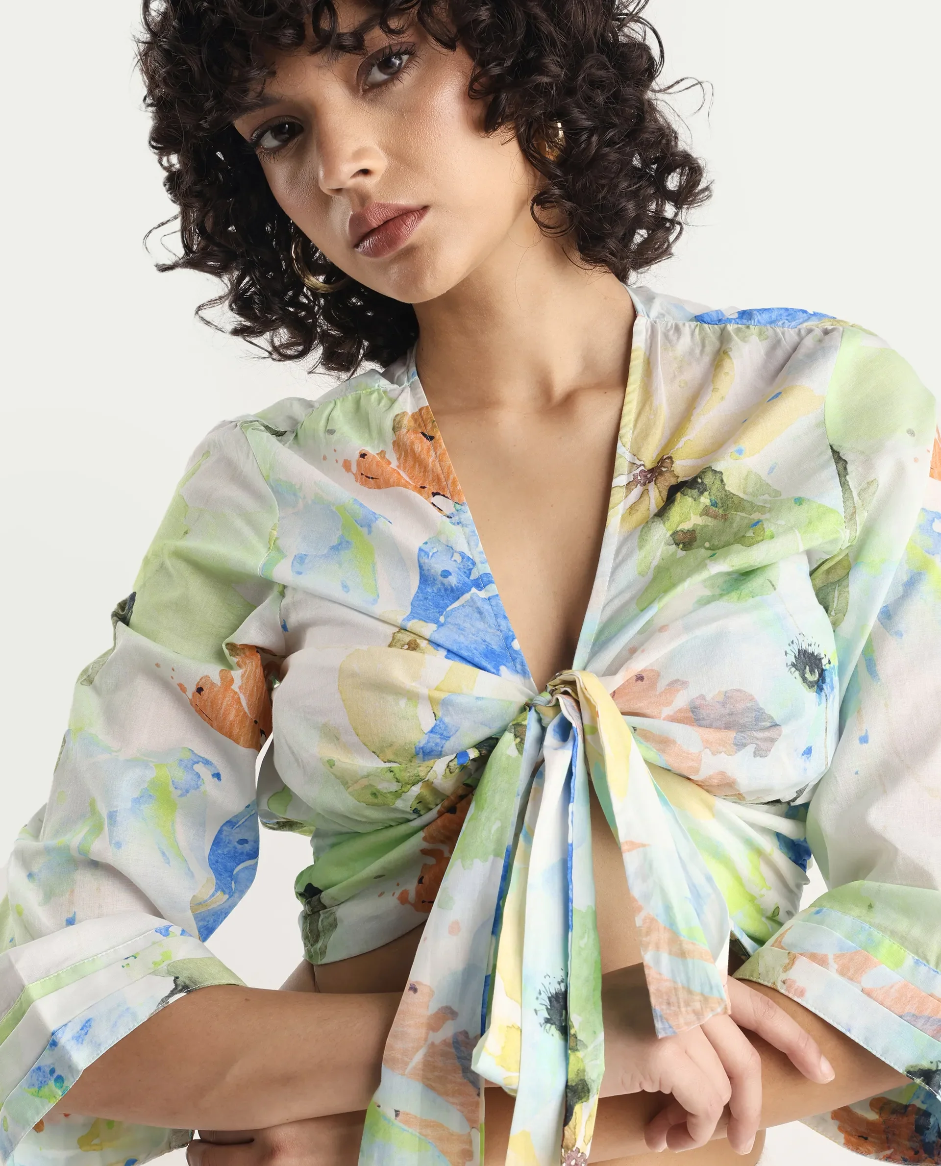Rareism Women's Ireen Multi Cotton V-Neck Abstract Print Bell Sleeve Crop Regular Fit Top - Image 3