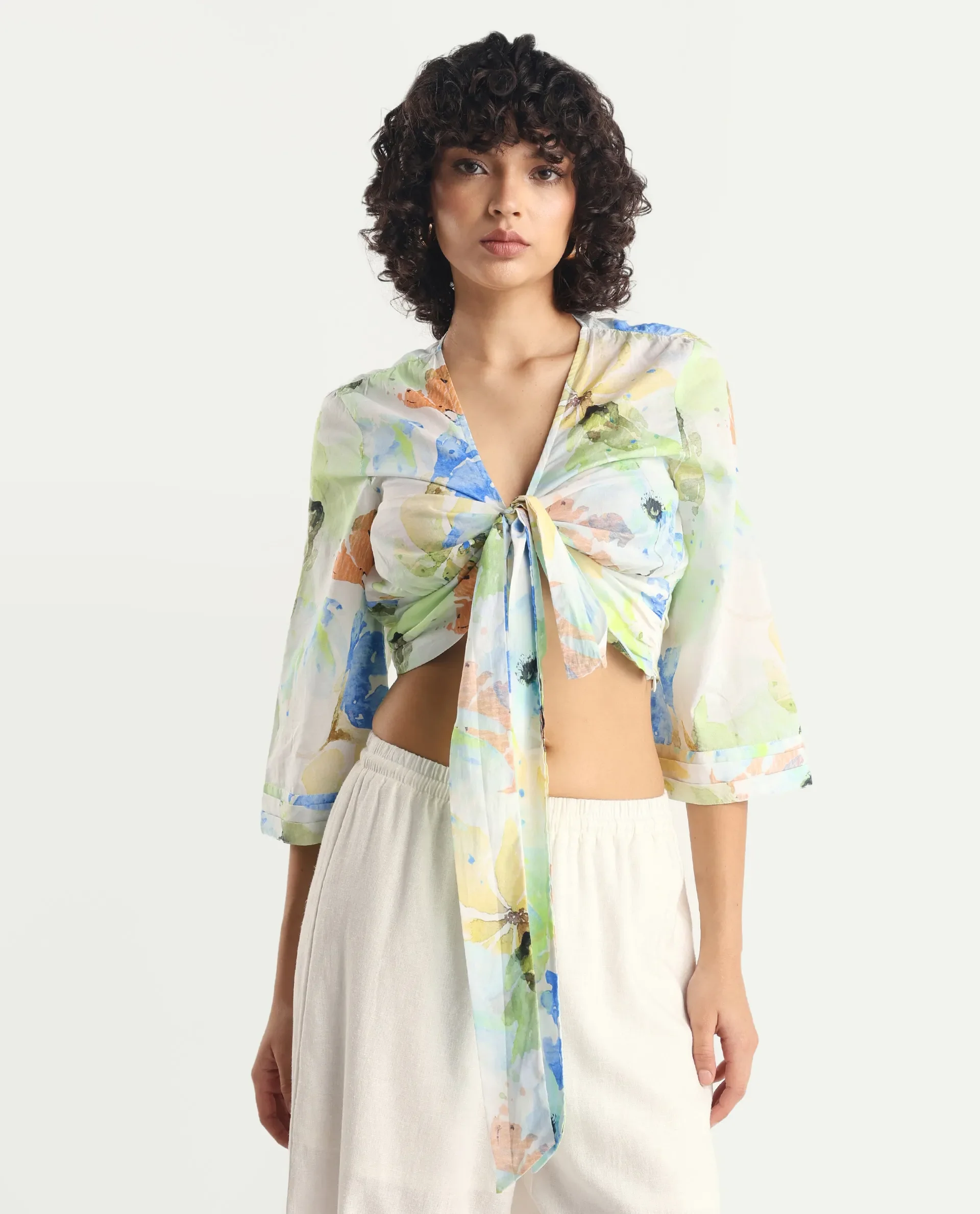 Rareism Women's Ireen Multi Cotton V-Neck Abstract Print Bell Sleeve Crop Regular Fit Top - Image 5