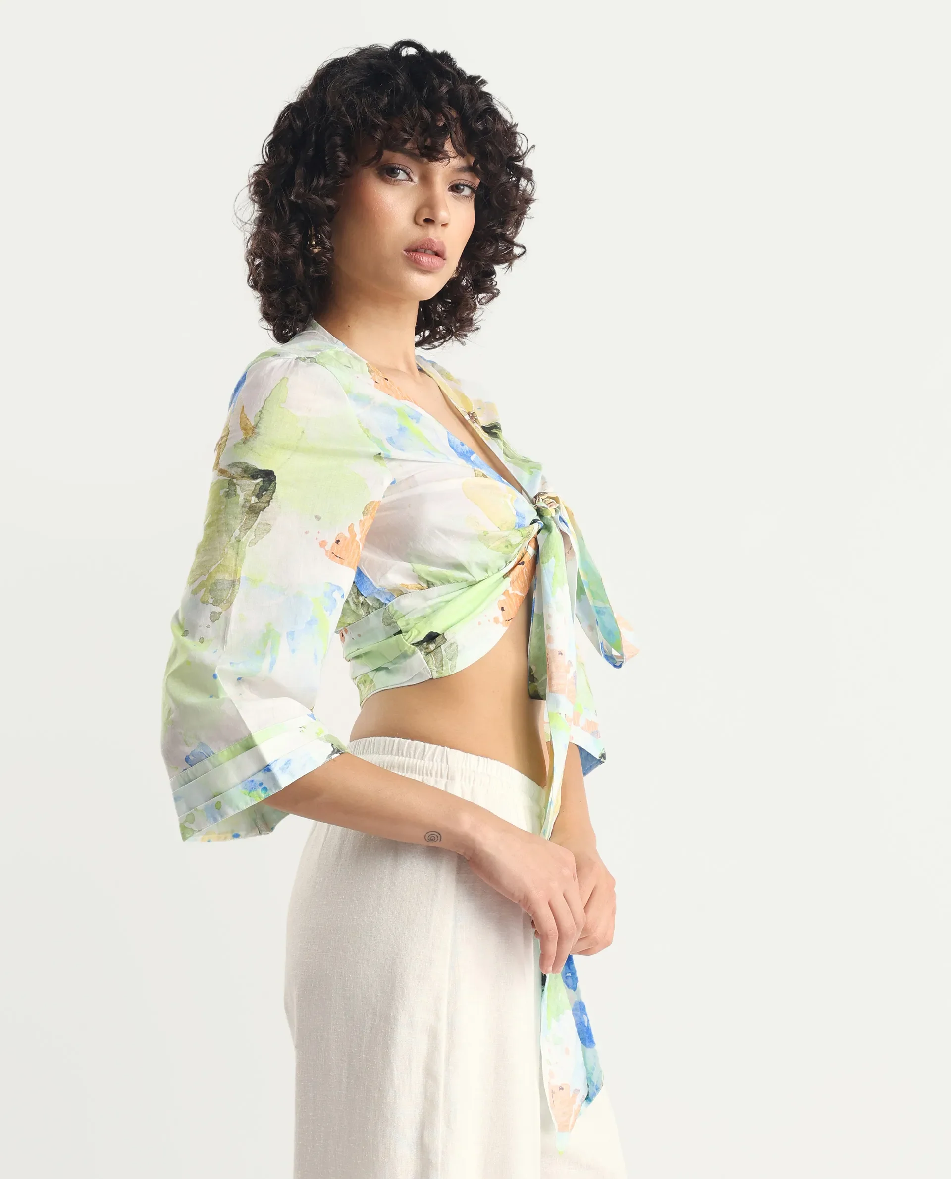 Rareism Women's Ireen Multi Cotton V-Neck Abstract Print Bell Sleeve Crop Regular Fit Top - Image 6