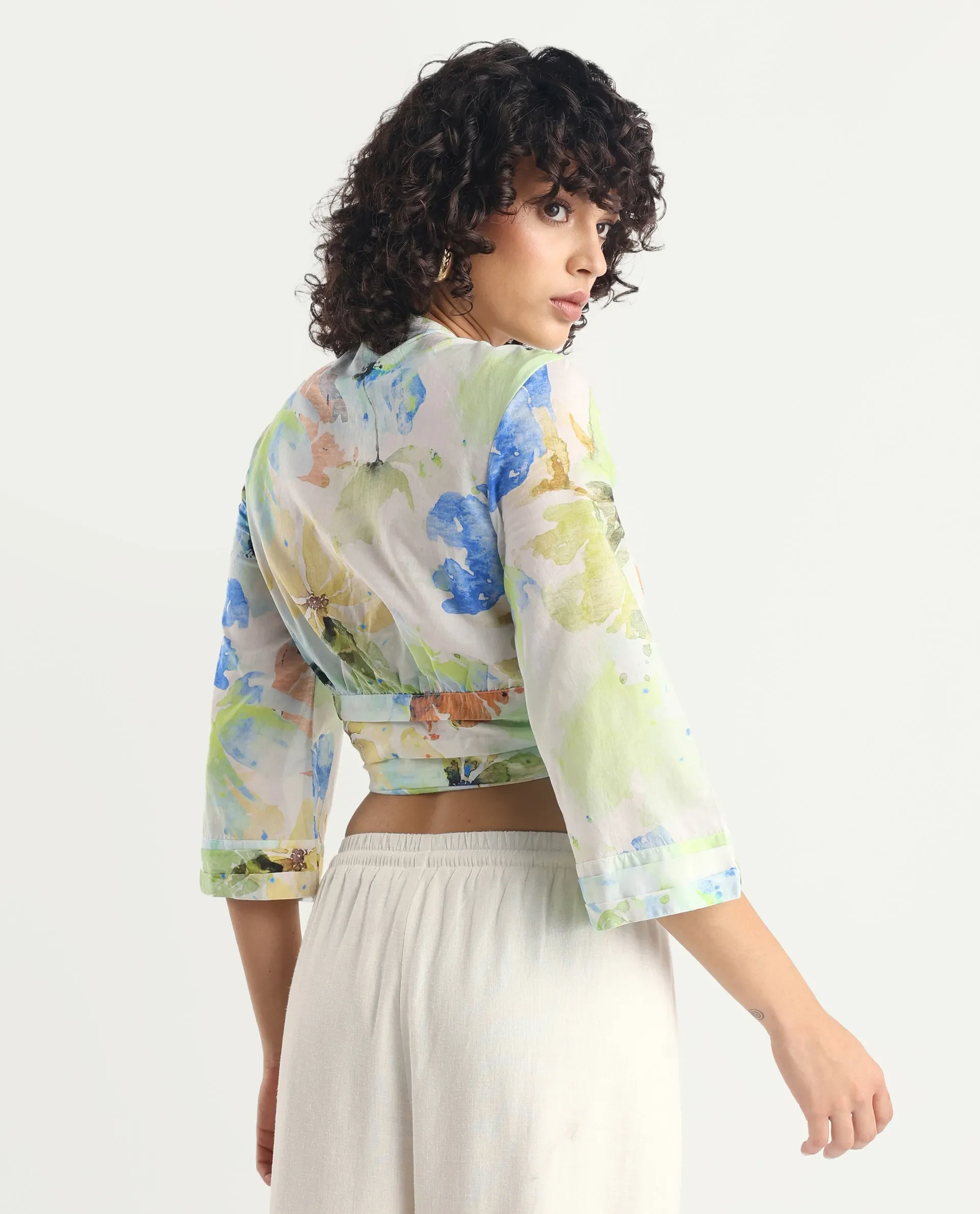 Rareism Women's Ireen Multi Cotton V-Neck Abstract Print Bell Sleeve Crop Regular Fit Top - Image 9
