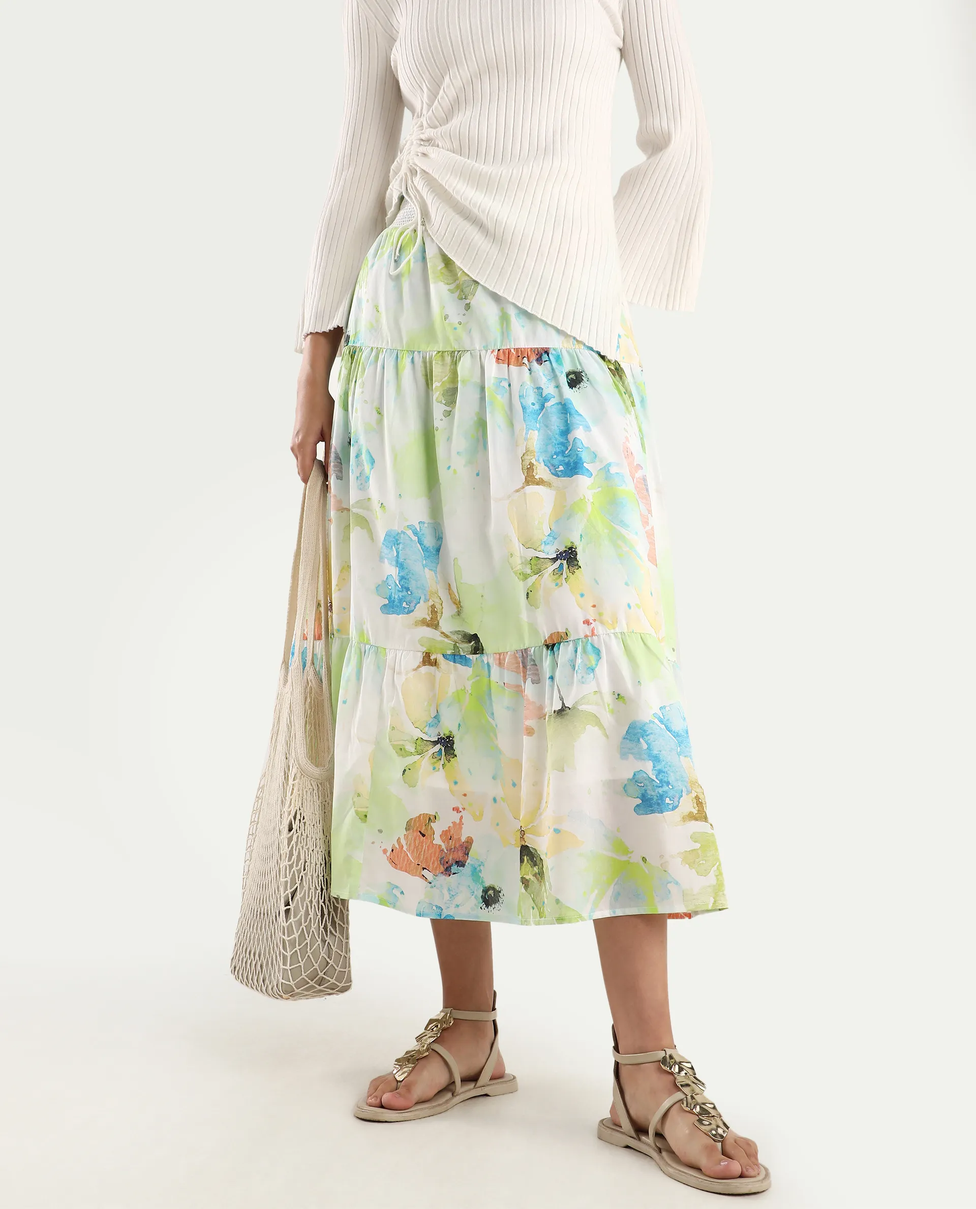 Rareism Women's Irina Multi Cotton Abstract Print Midi Flared Skirt - Image 2