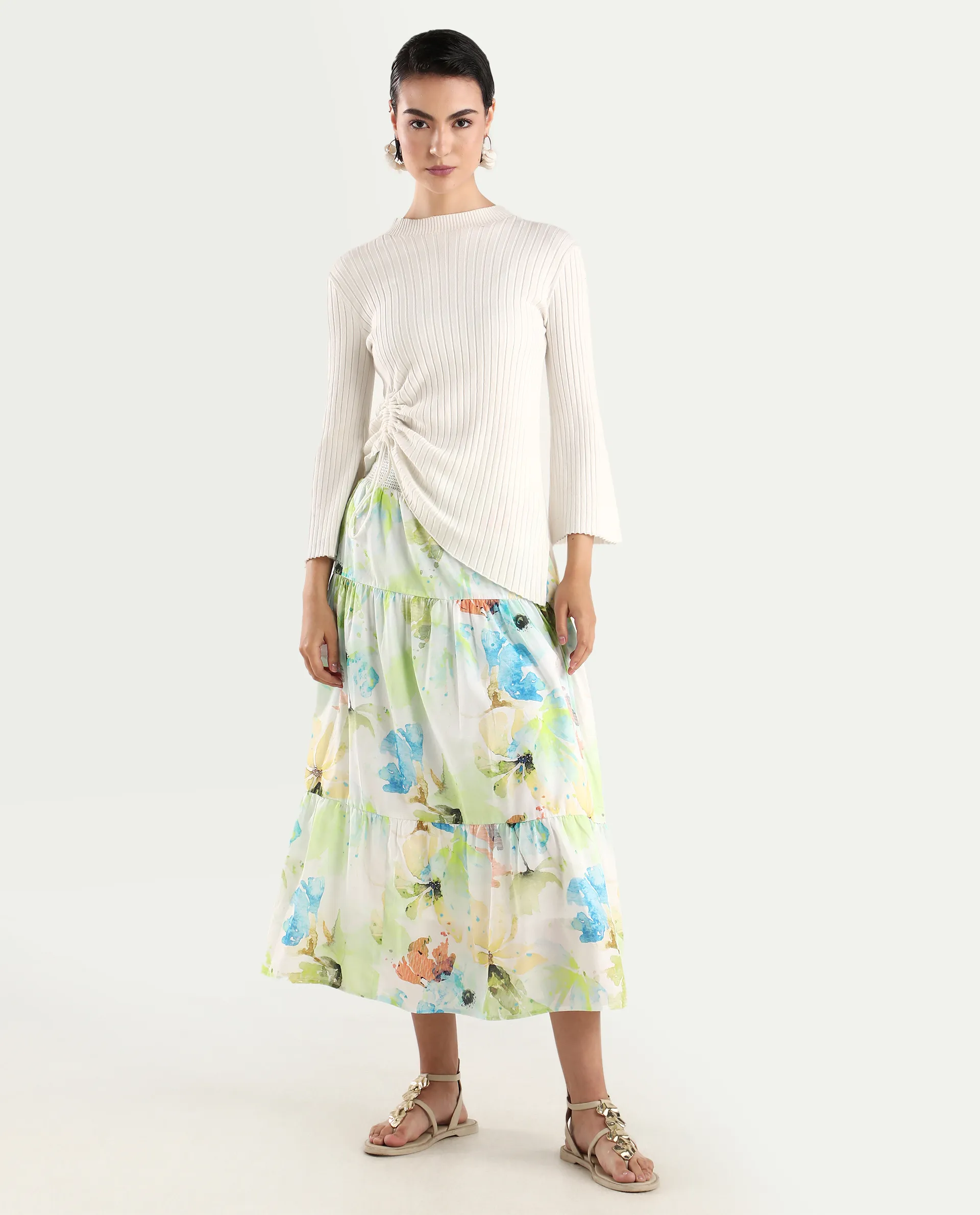 Rareism Women's Irina Multi Cotton Abstract Print Midi Flared Skirt - Image 3