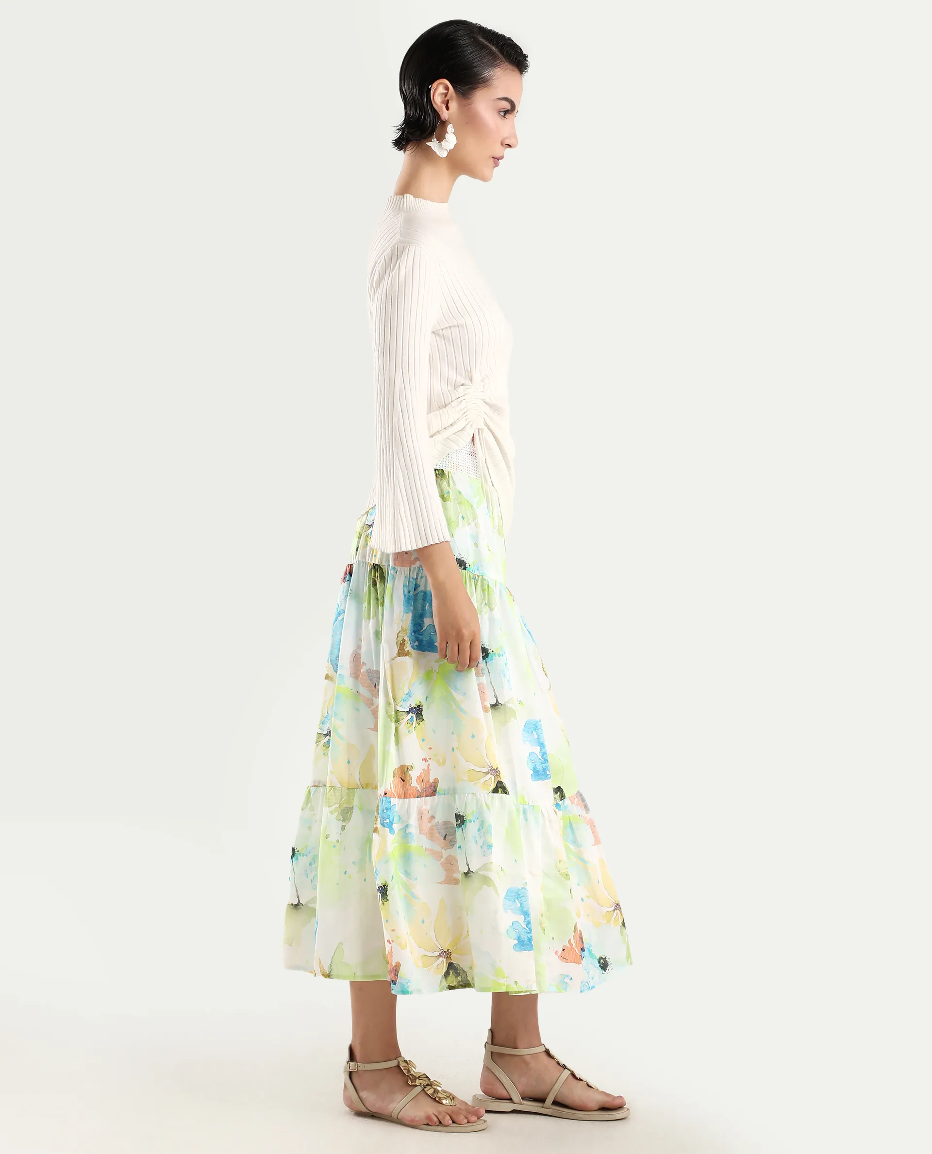 Rareism Women's Irina Multi Cotton Abstract Print Midi Flared Skirt - Image 6