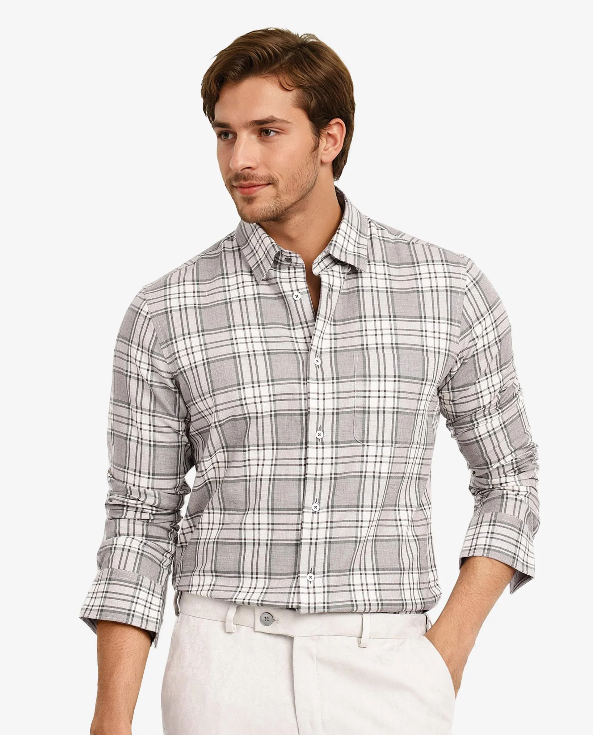 Rare Rabbit Men's Iris Beige Cotton Checked Print Regular Fit Full Sleeve Collared Shirt