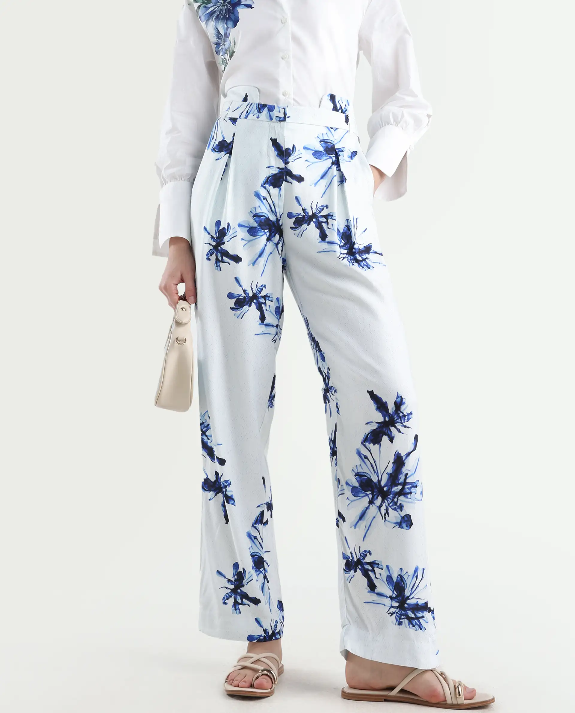 Rareism Women's Irish White Polyester Blend Floral Print Ankle Length Regular Fit Trouser
