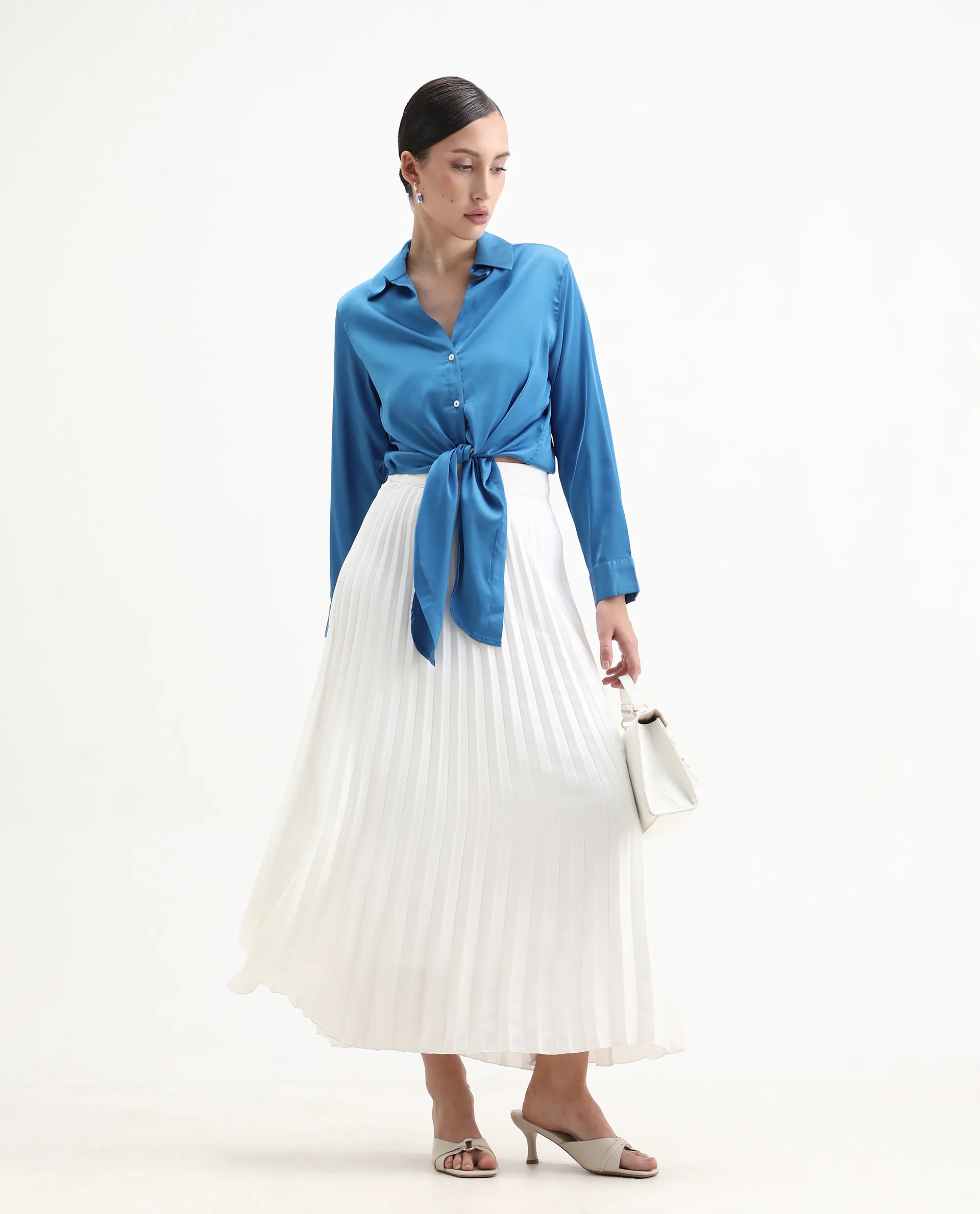 Rareism Women's Irteen Flouroscent Blue Polyester Drop Collar Plain Cuffed Sleeve Regular Fit Top - Image 2