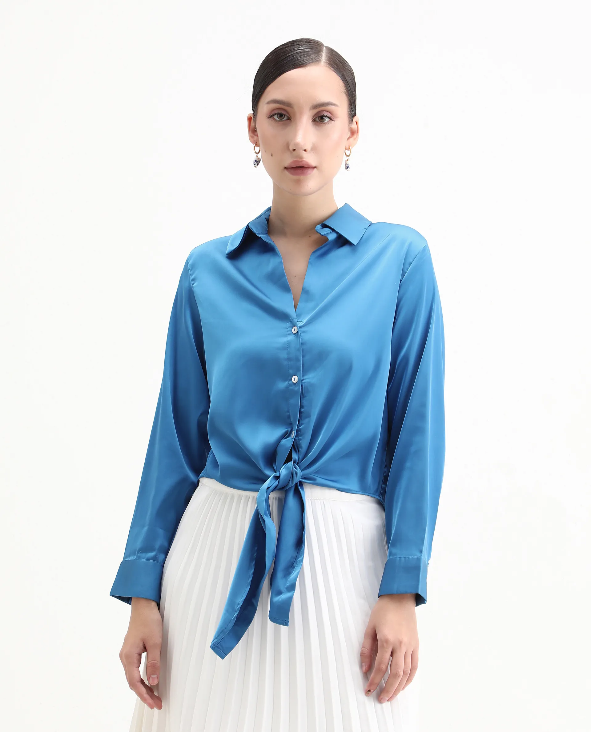 Rareism Women's Irteen Flouroscent Blue Polyester Drop Collar Plain Cuffed Sleeve Regular Fit Top - Image 4