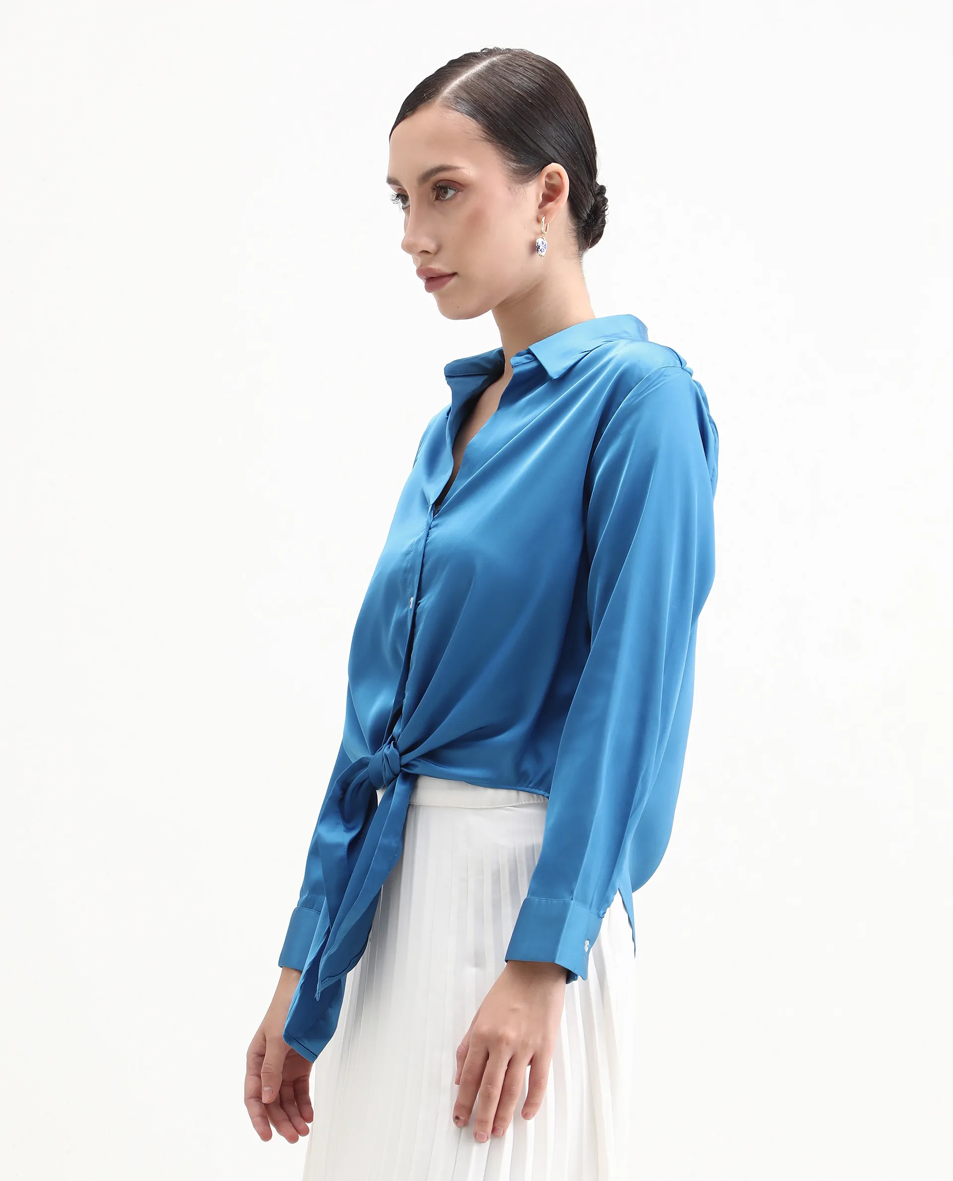 Rareism Women's Irteen Flouroscent Blue Polyester Drop Collar Plain Cuffed Sleeve Regular Fit Top - Image 5