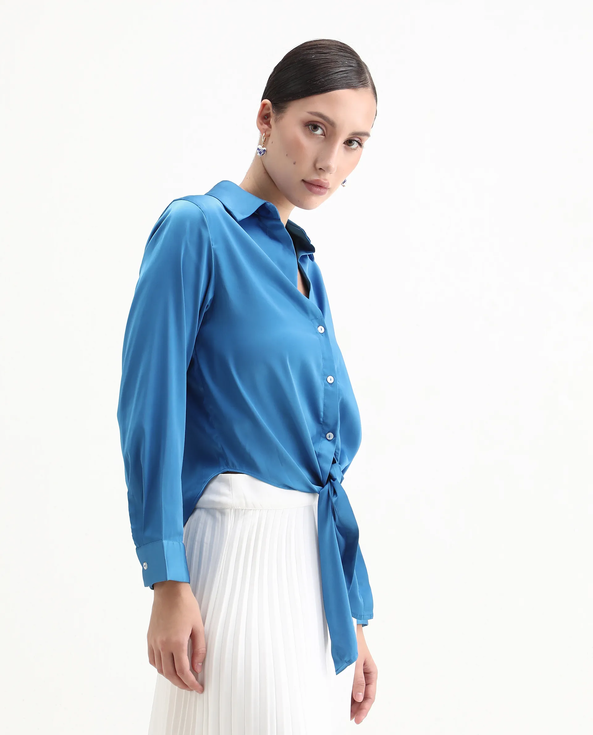 Rareism Women's Irteen Flouroscent Blue Polyester Drop Collar Plain Cuffed Sleeve Regular Fit Top - Image 6