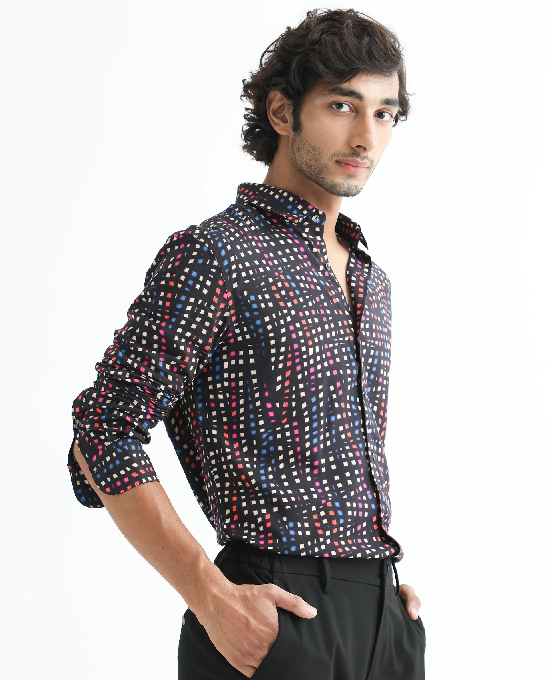 Rare Rabbit Men's Irvine Black Viscose Geometric Print Regular Fit Full Sleeve Collared Shirt - Image 3