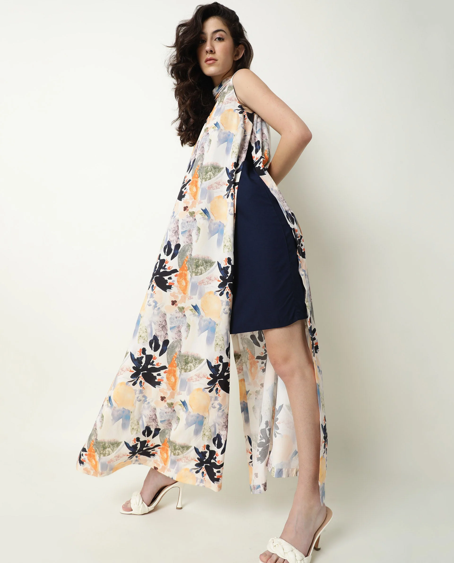 Rareism Women's Isa Multi High Neck Floral Print Sleeveless Knee Length Regular Fit Dress