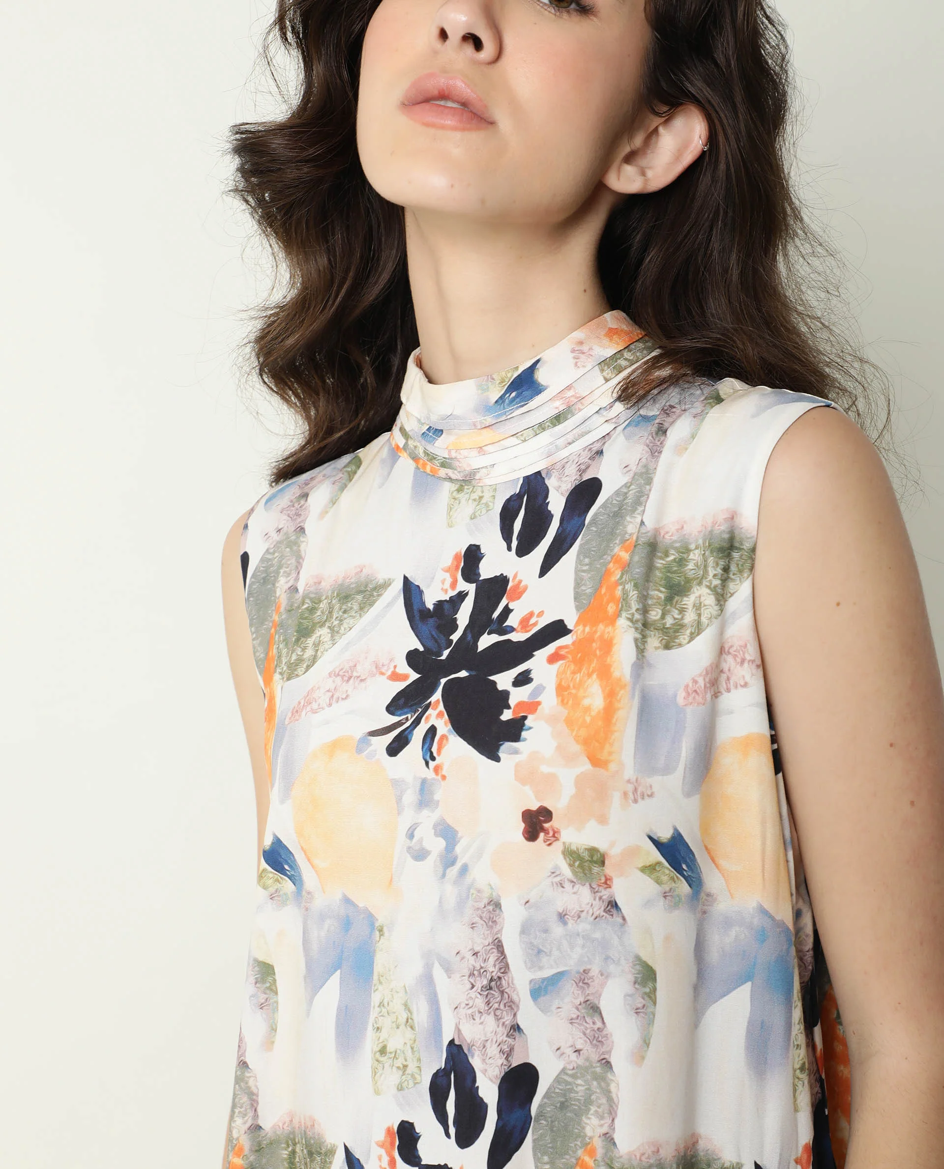 Rareism Women's Isa Multi High Neck Floral Print Sleeveless Knee Length Regular Fit Dress - Image 3