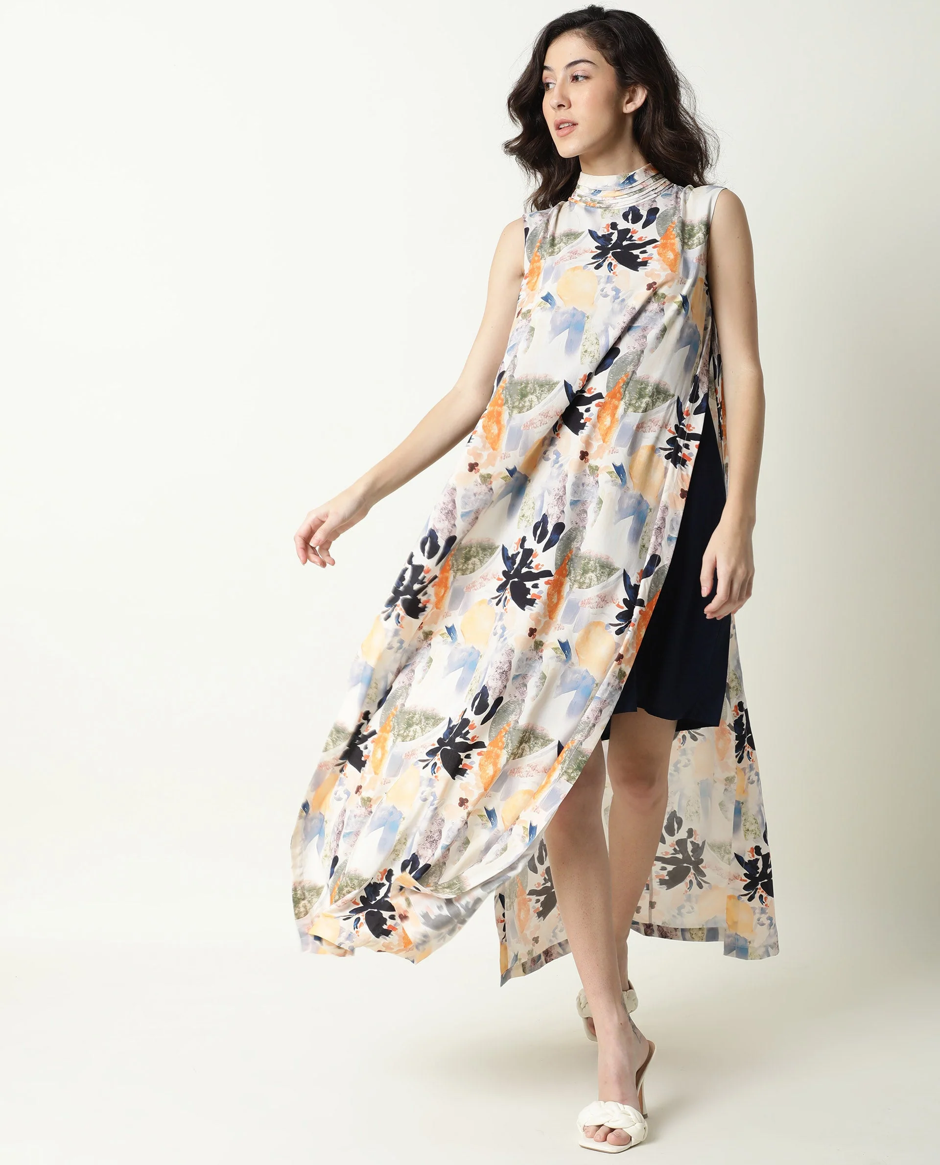 Rareism Women's Isa Multi High Neck Floral Print Sleeveless Knee Length Regular Fit Dress - Image 4