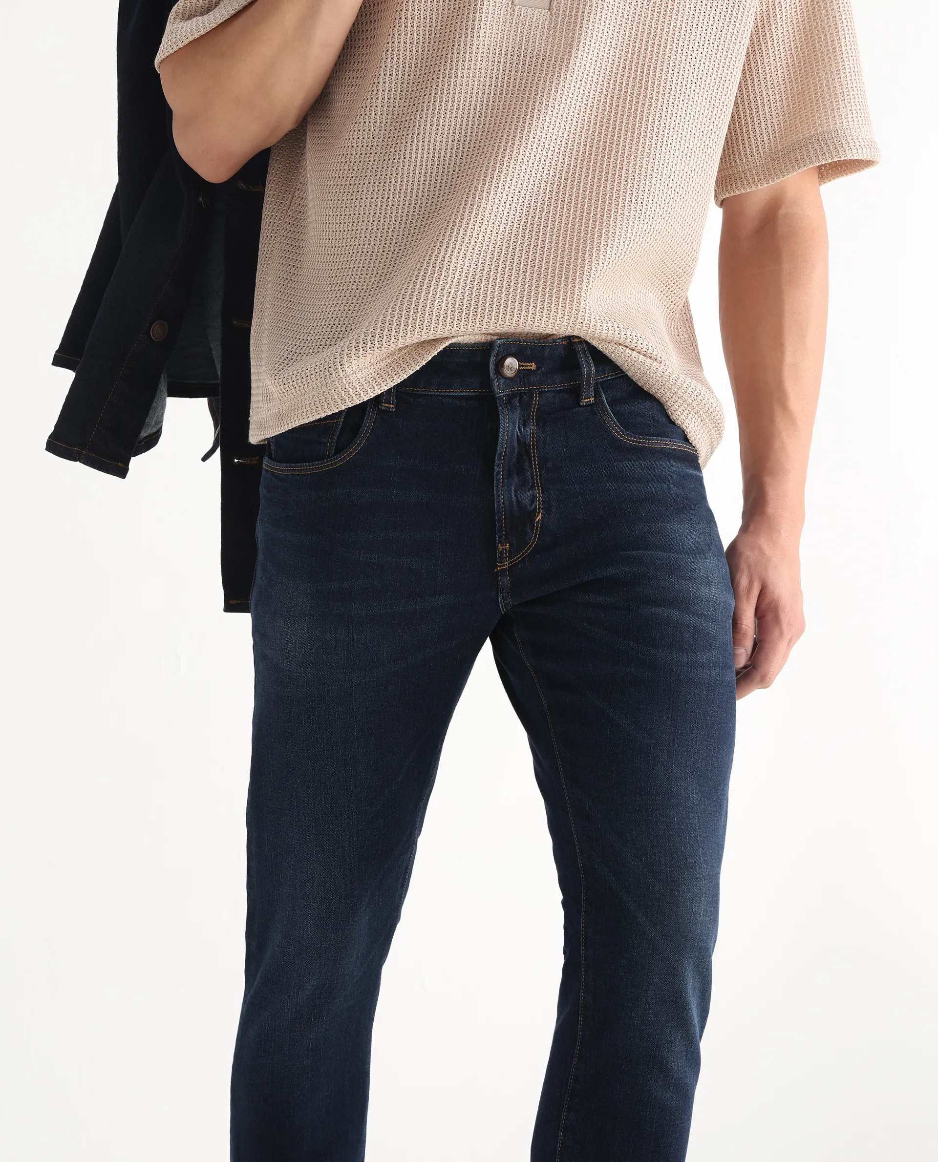 Rare Rabbit Men's Issak Dark Blue Cotton Plain Hawk Slim Fit Jeans - Image 2