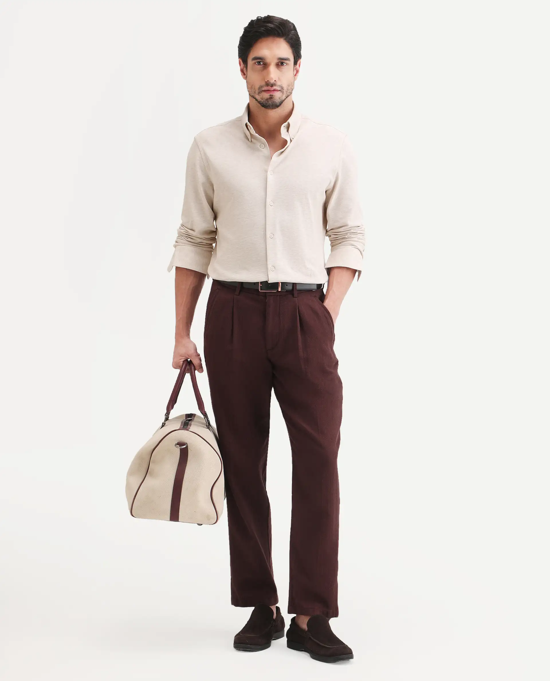 Rare Rabbit Men's Isla Beige Cotton Fabric Full Sleeve Button-Down Collar Regular Fit Plain Shirt - Image 2