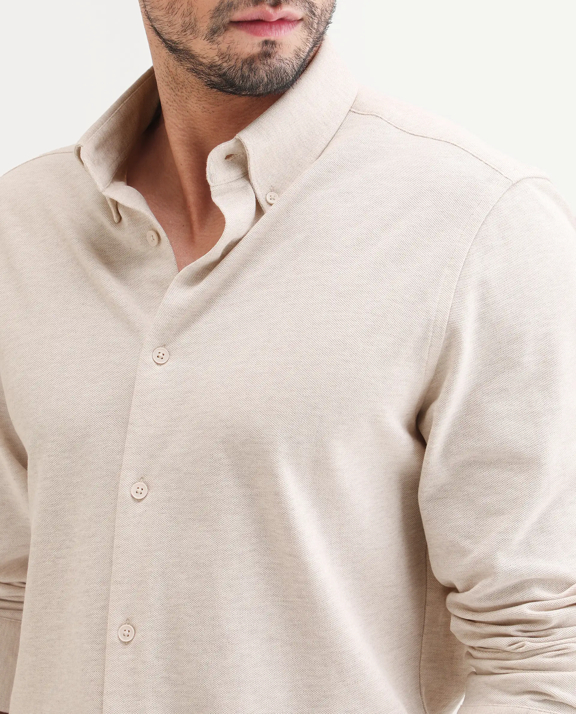 Rare Rabbit Men's Isla Beige Cotton Fabric Full Sleeve Button-Down Collar Regular Fit Plain Shirt - Image 3
