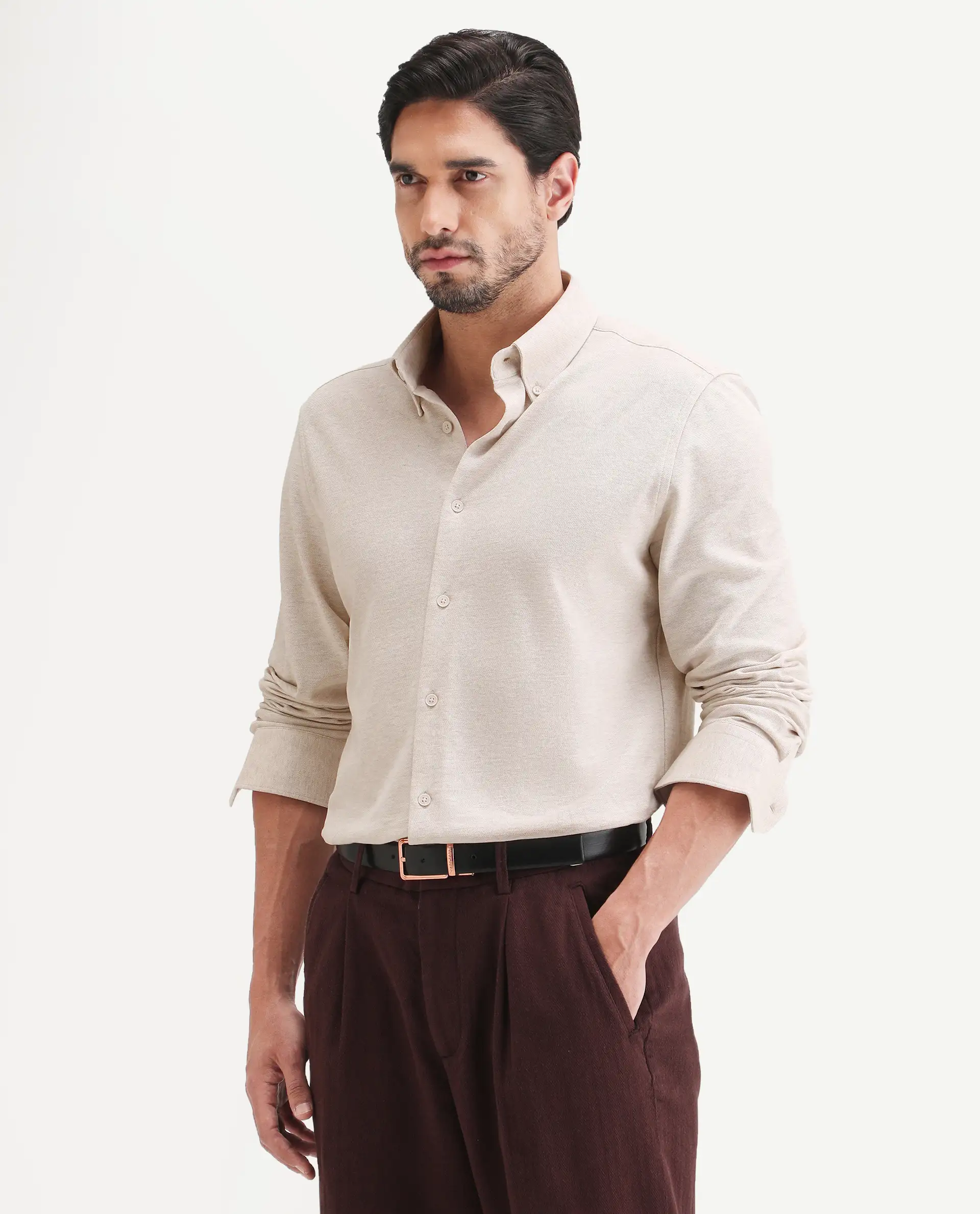 Rare Rabbit Men's Isla Beige Cotton Fabric Full Sleeve Button-Down Collar Regular Fit Plain Shirt - Image 4