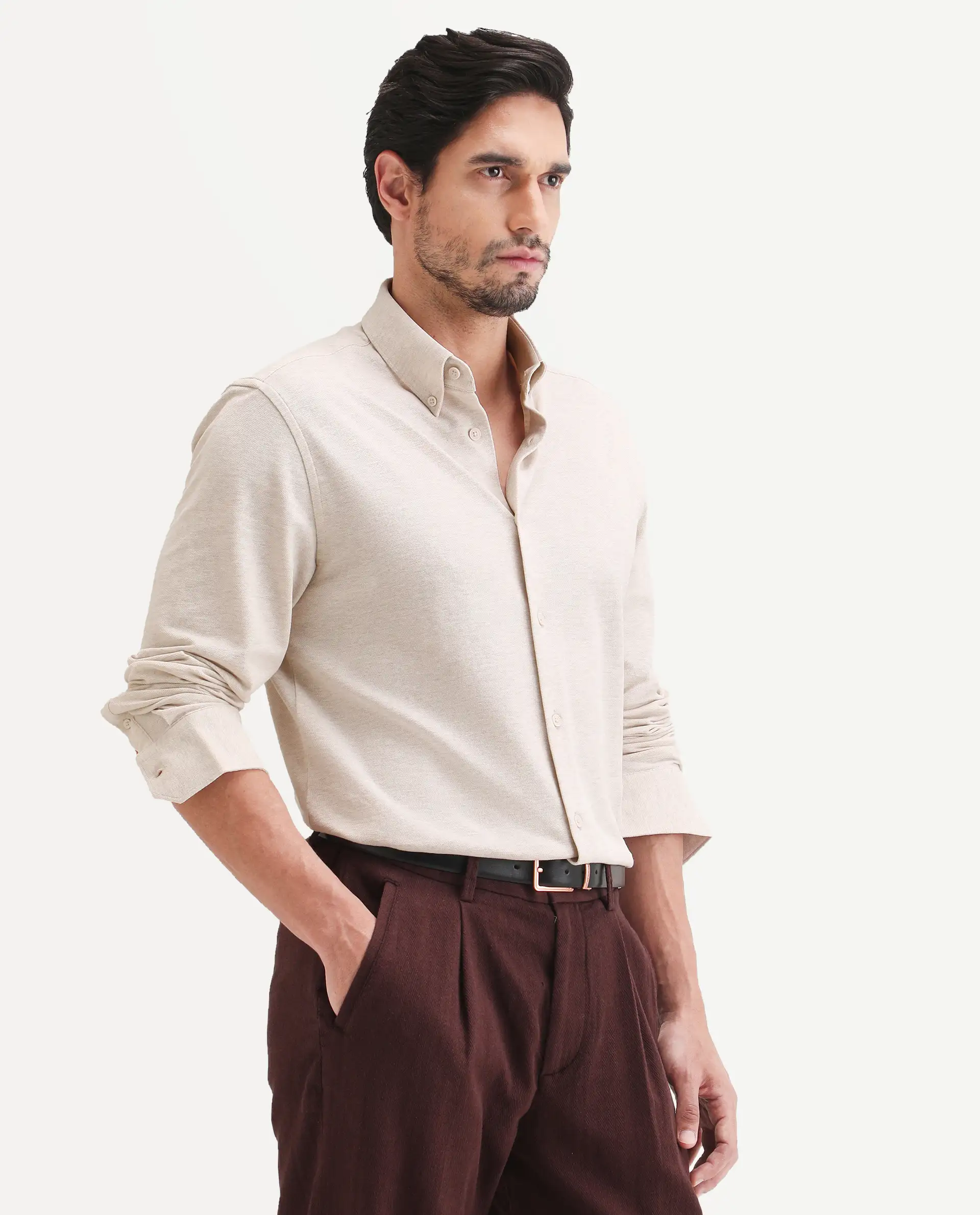 Rare Rabbit Men's Isla Beige Cotton Fabric Full Sleeve Button-Down Collar Regular Fit Plain Shirt - Image 5