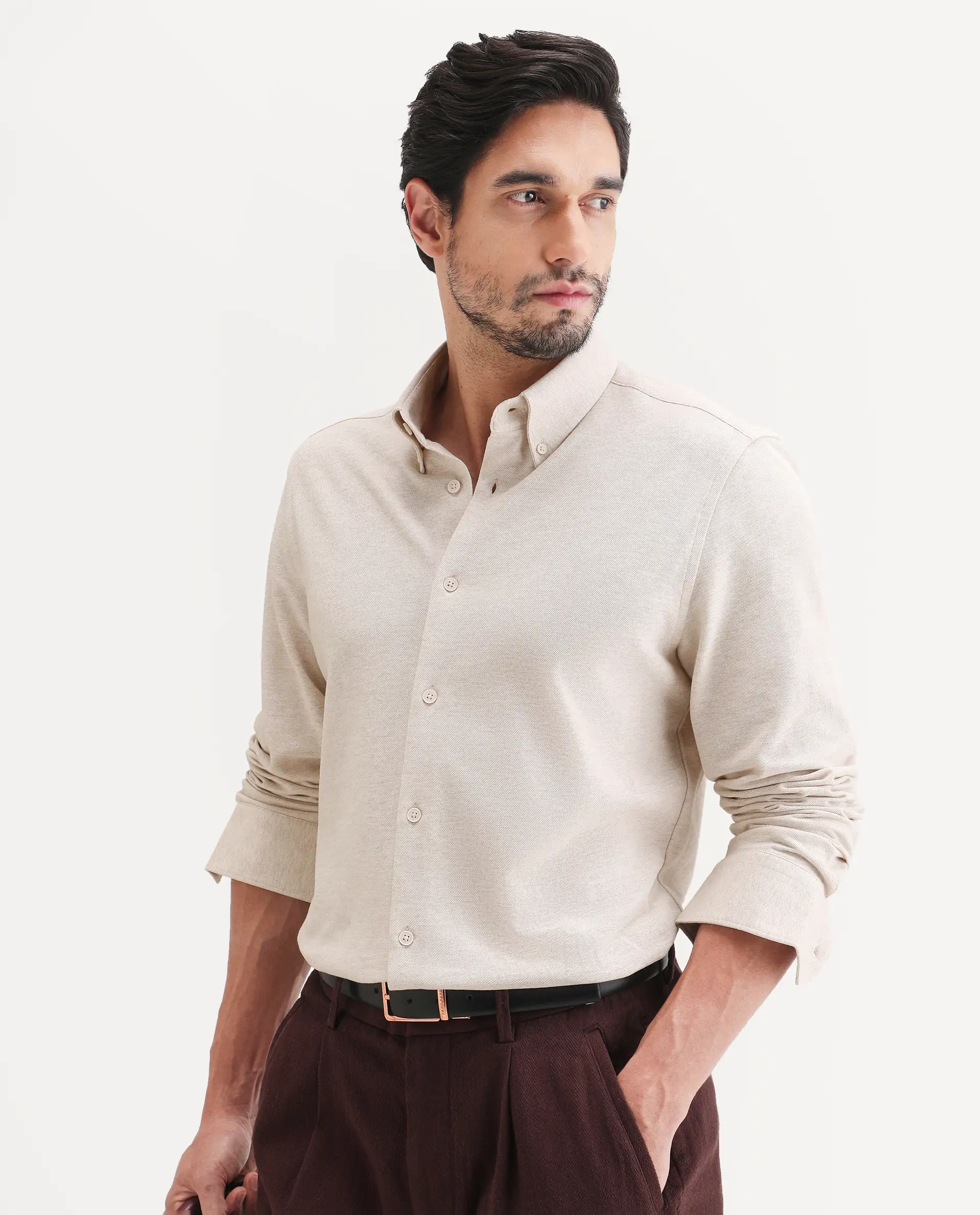 Rare Rabbit Men's Isla Beige Cotton Fabric Full Sleeve Button-Down Collar Regular Fit Plain Shirt - Image 6