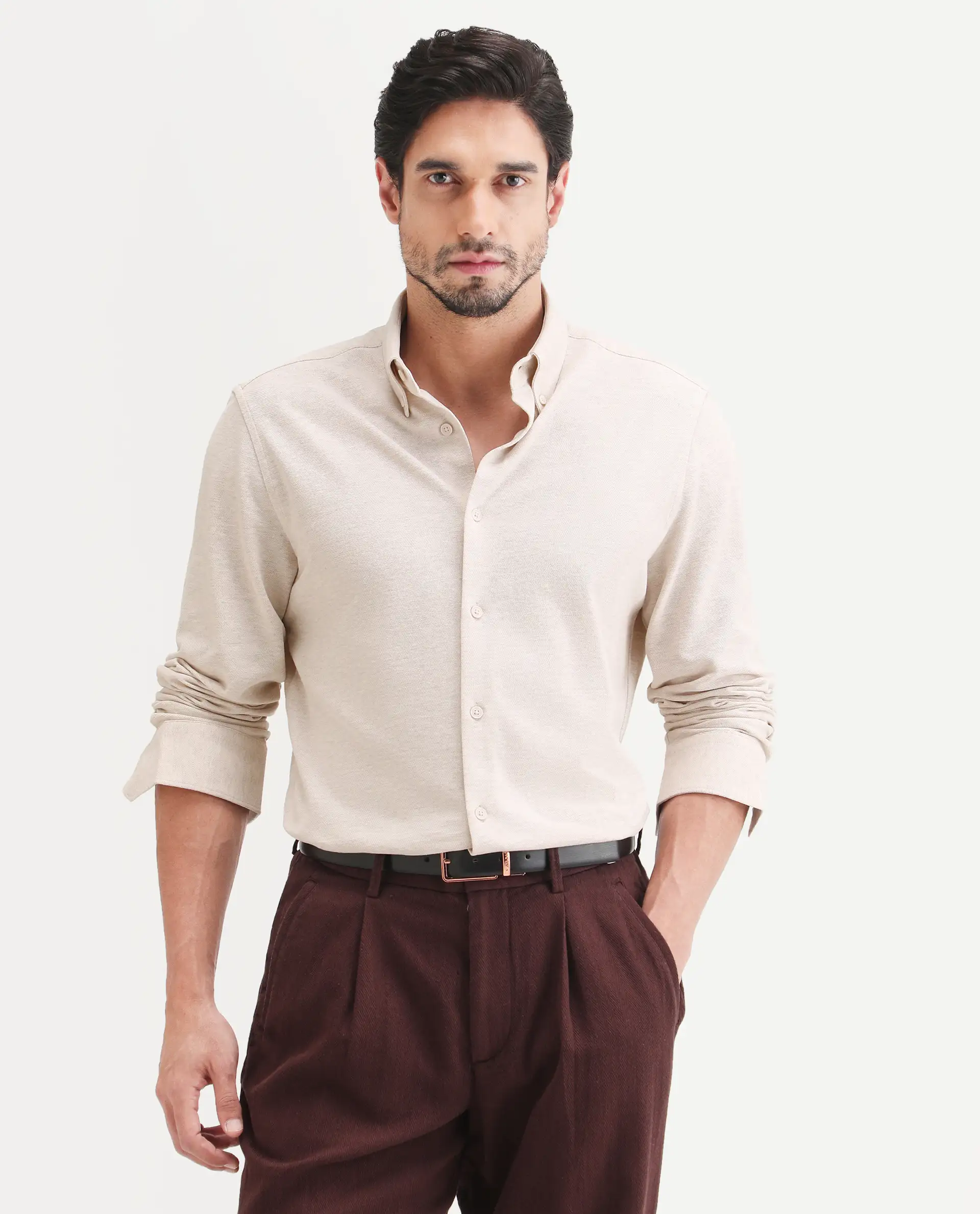 Rare Rabbit Men's Isla Beige Cotton Fabric Full Sleeve Button-Down Collar Regular Fit Plain Shirt - Image 7