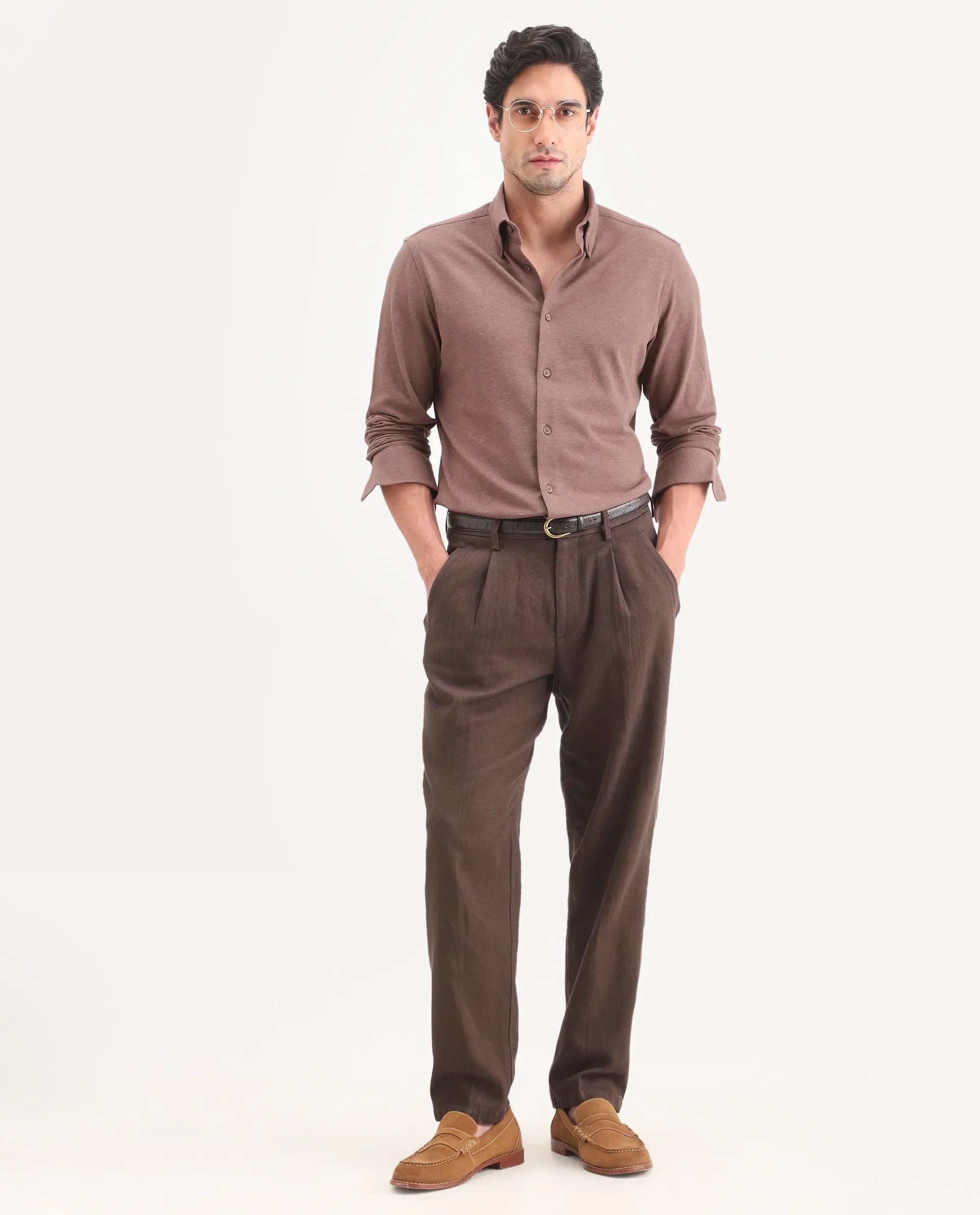 Rare Rabbit Men's Isla Brown Cotton Fabric Full Sleeve Button-Down Collar Regular Fit Plain Shirt - Image 2
