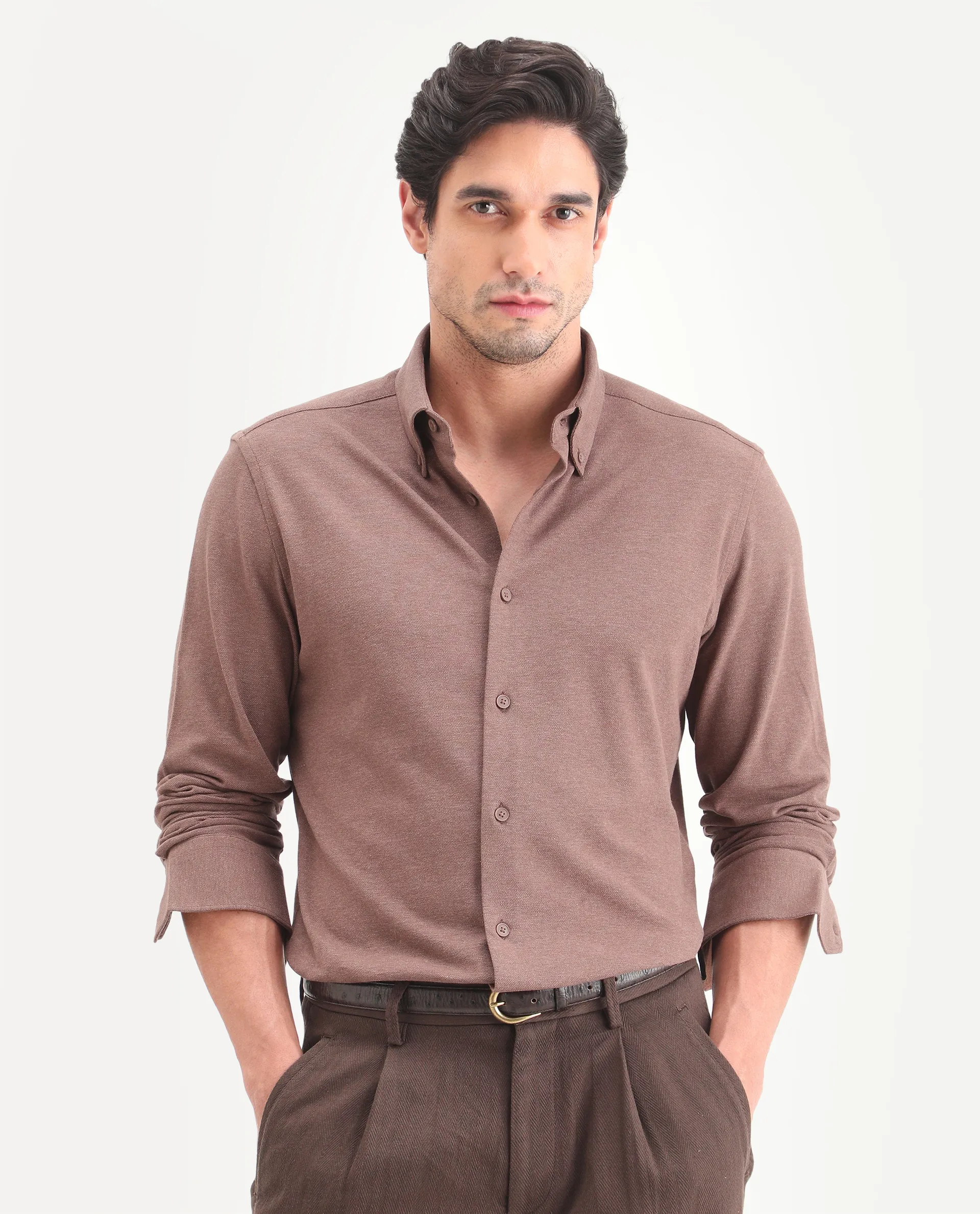 Rare Rabbit Men's Isla Brown Cotton Fabric Full Sleeve Button-Down Collar Regular Fit Plain Shirt - Image 4