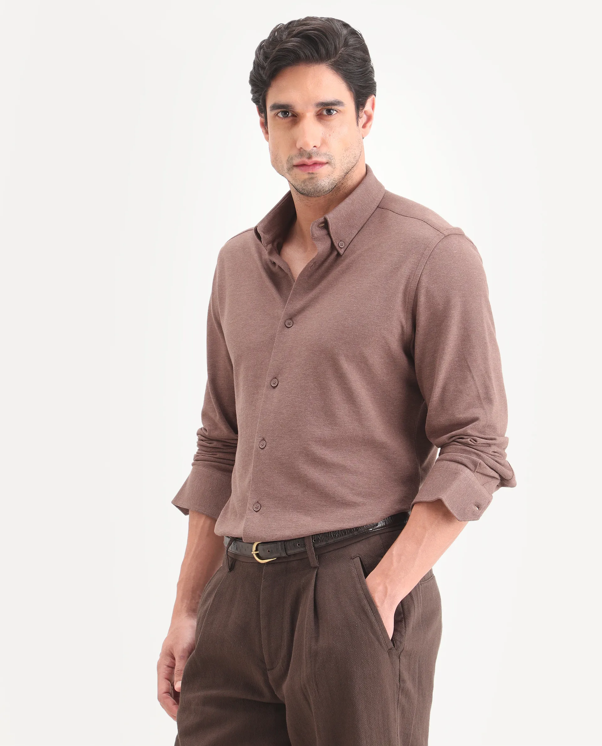 Rare Rabbit Men's Isla Brown Cotton Fabric Full Sleeve Button-Down Collar Regular Fit Plain Shirt - Image 5