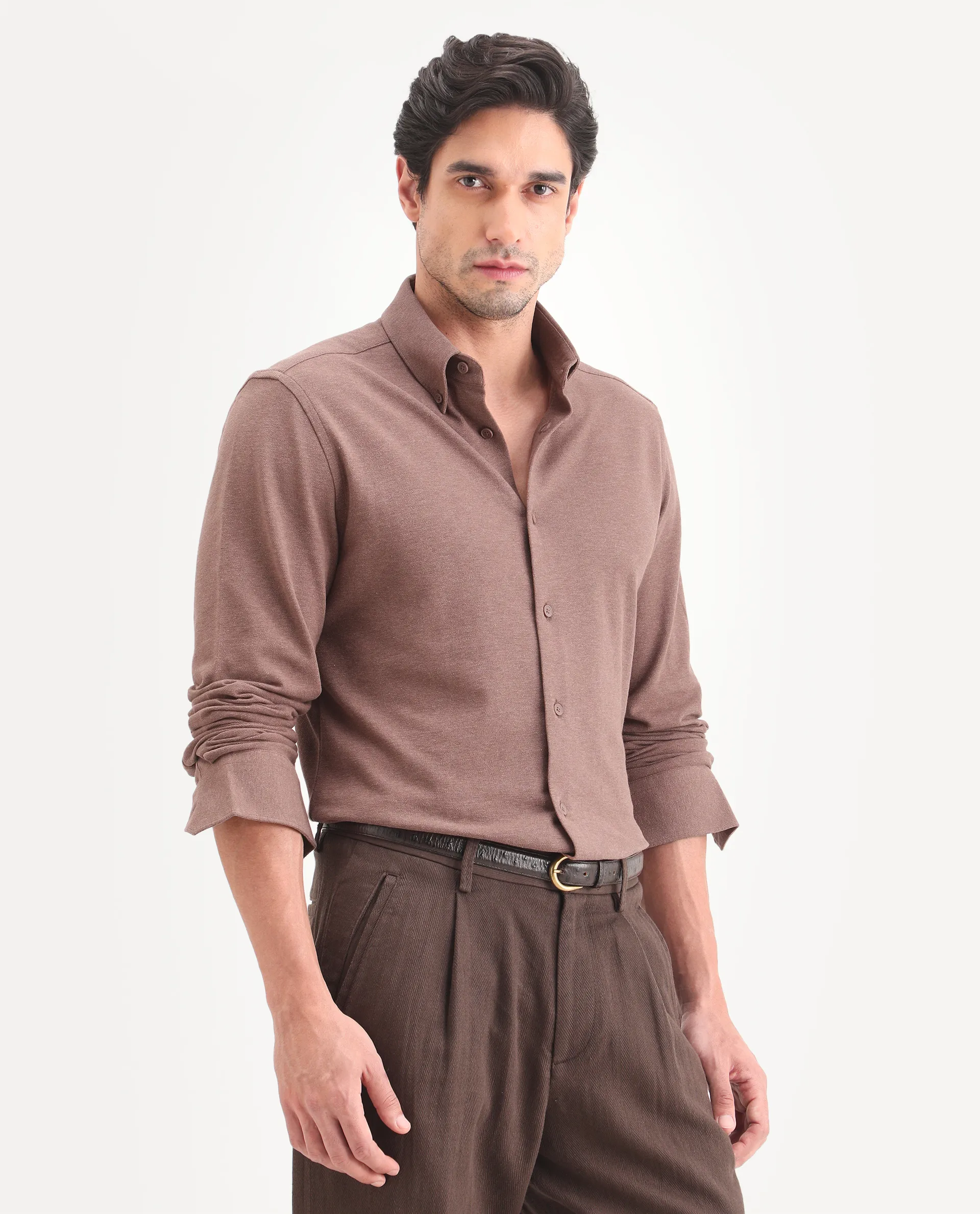 Rare Rabbit Men's Isla Brown Cotton Fabric Full Sleeve Button-Down Collar Regular Fit Plain Shirt - Image 6