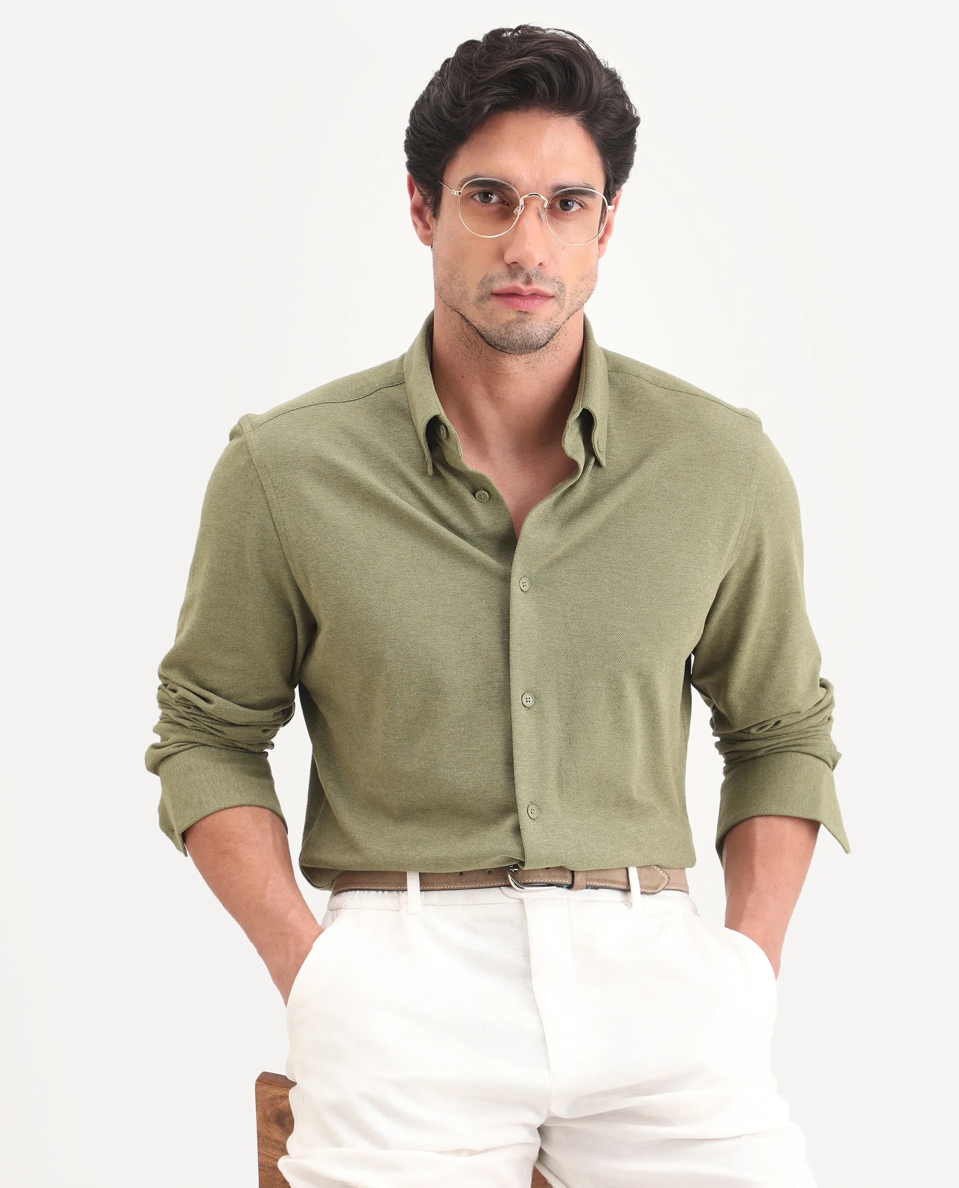 Rare Rabbit Men's Isla Green Cotton Fabric Full Sleeve Button-Down Collar Regular Fit Plain Shirt